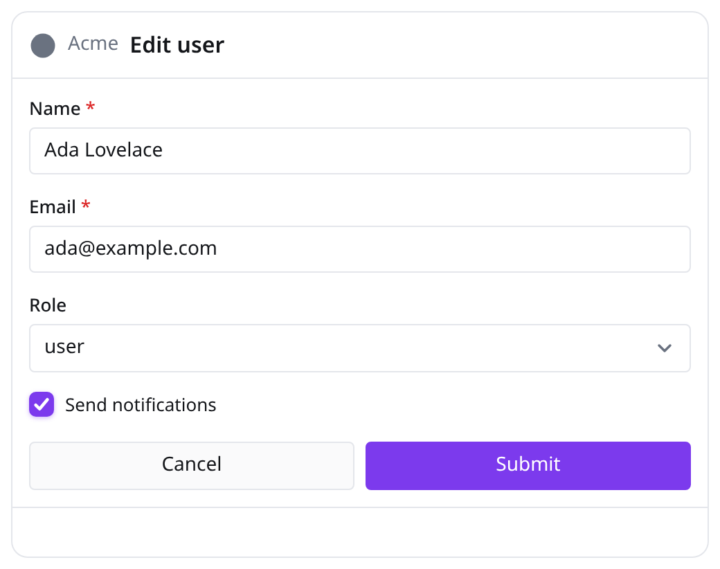gomukit Form widget: labelled fields, validation and submit/cancel actions