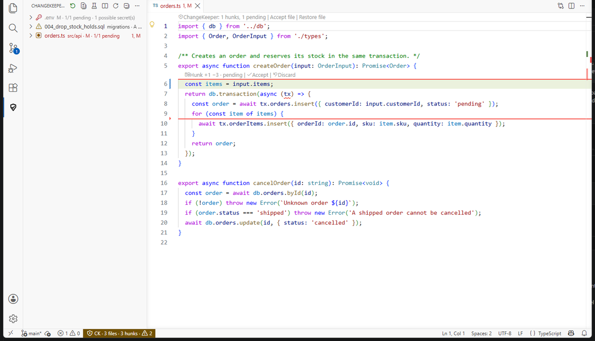 Changed files with critical ones first, and the Accept/Discard CodeLens above each hunk