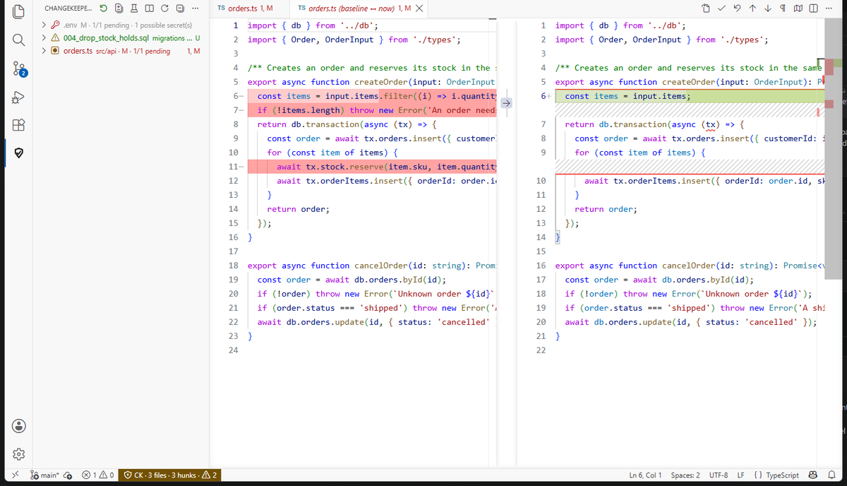Native diff between the baseline and the file as it is now