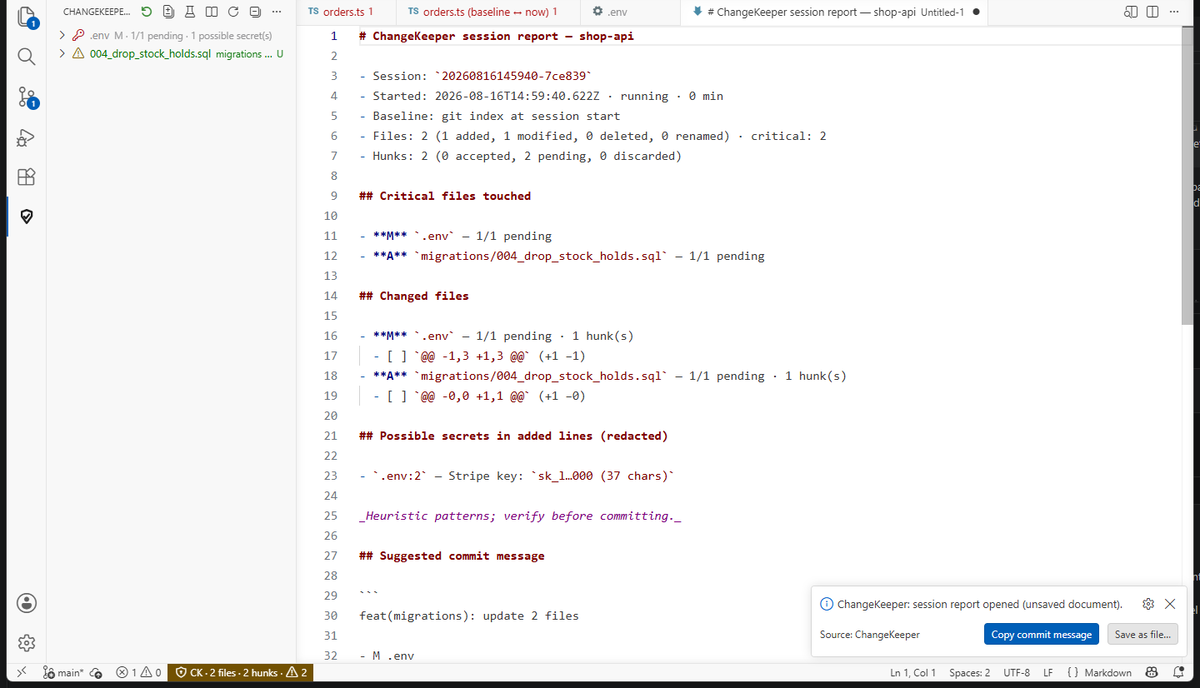 Session report in Markdown with critical files, hunks, redacted secrets and a suggested commit message