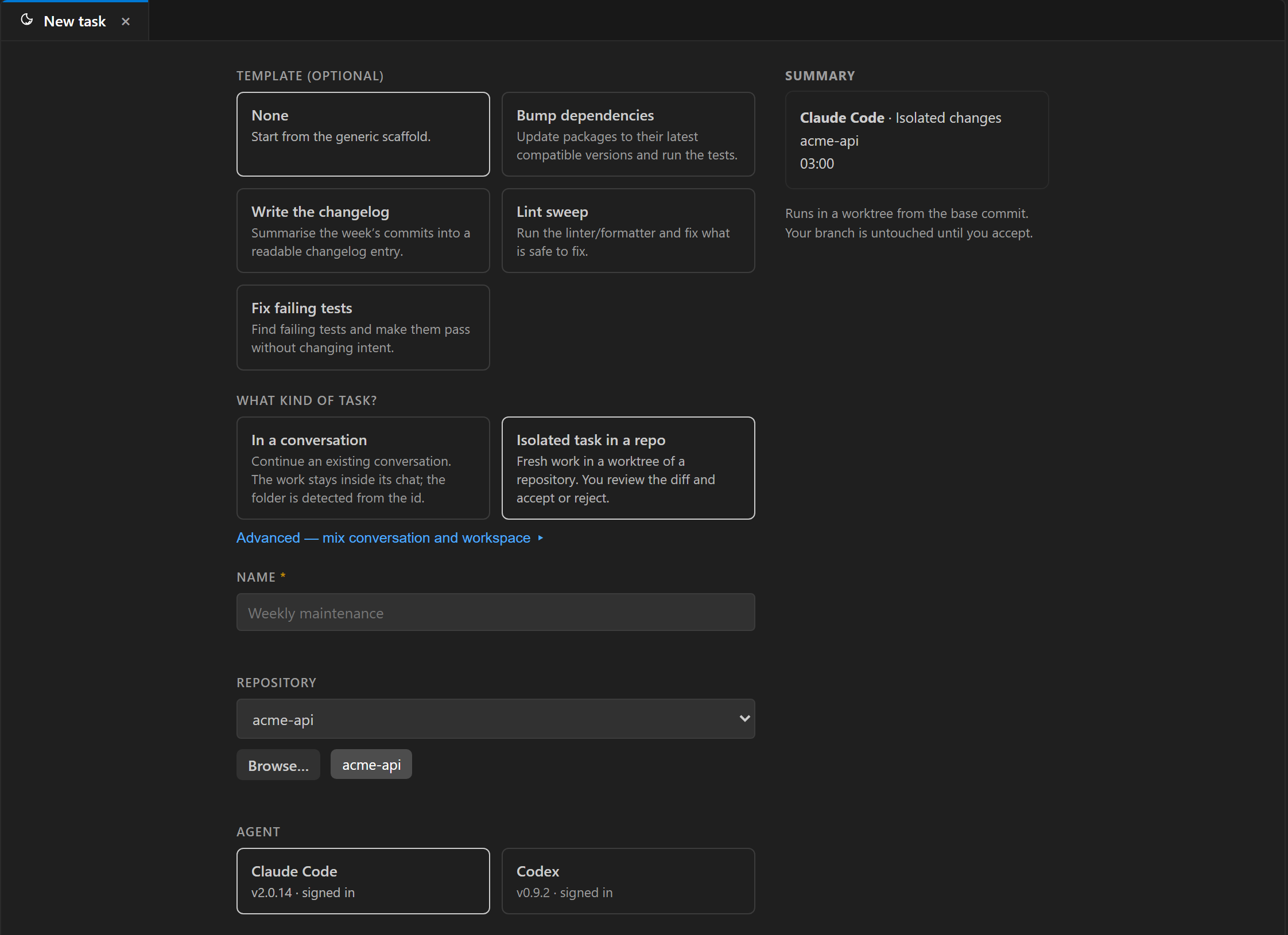 Creating a task: templates, the two intents, repository and agent