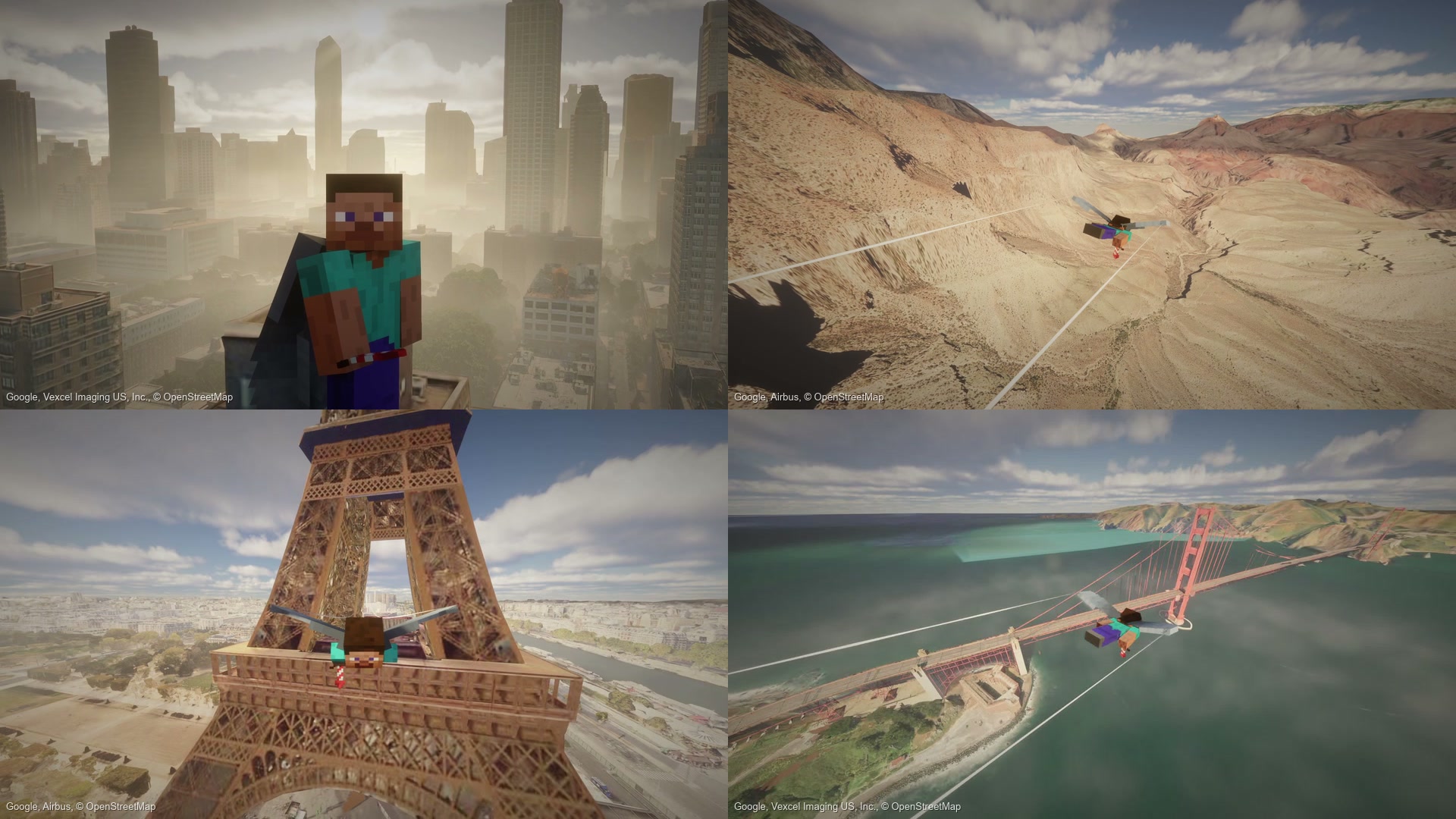 RealWorldMC gameplay: New York, the Grand Canyon, Paris and the Golden Gate Bridge