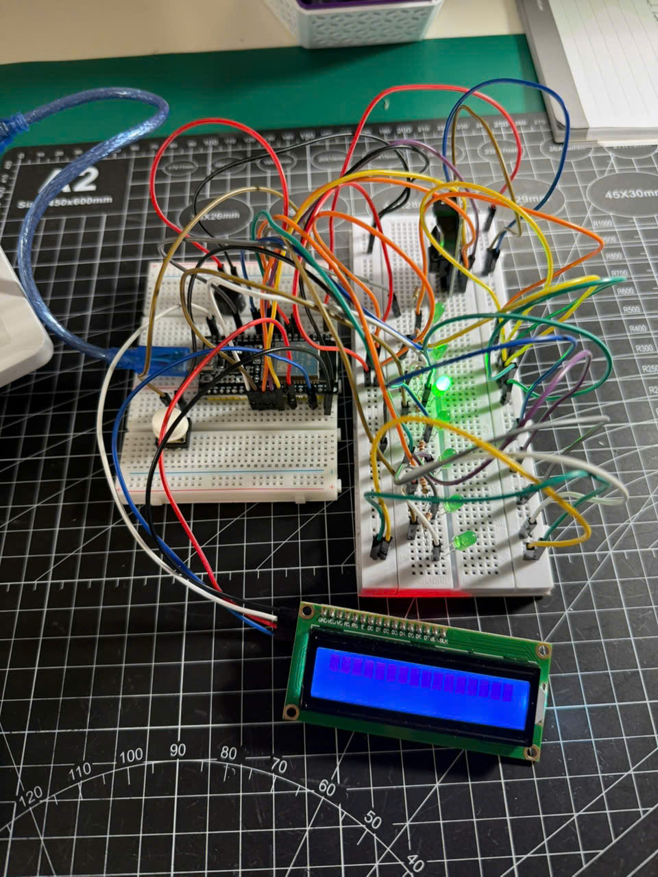 One illuminated day LED during testing of the ESP32 reminder outputs
