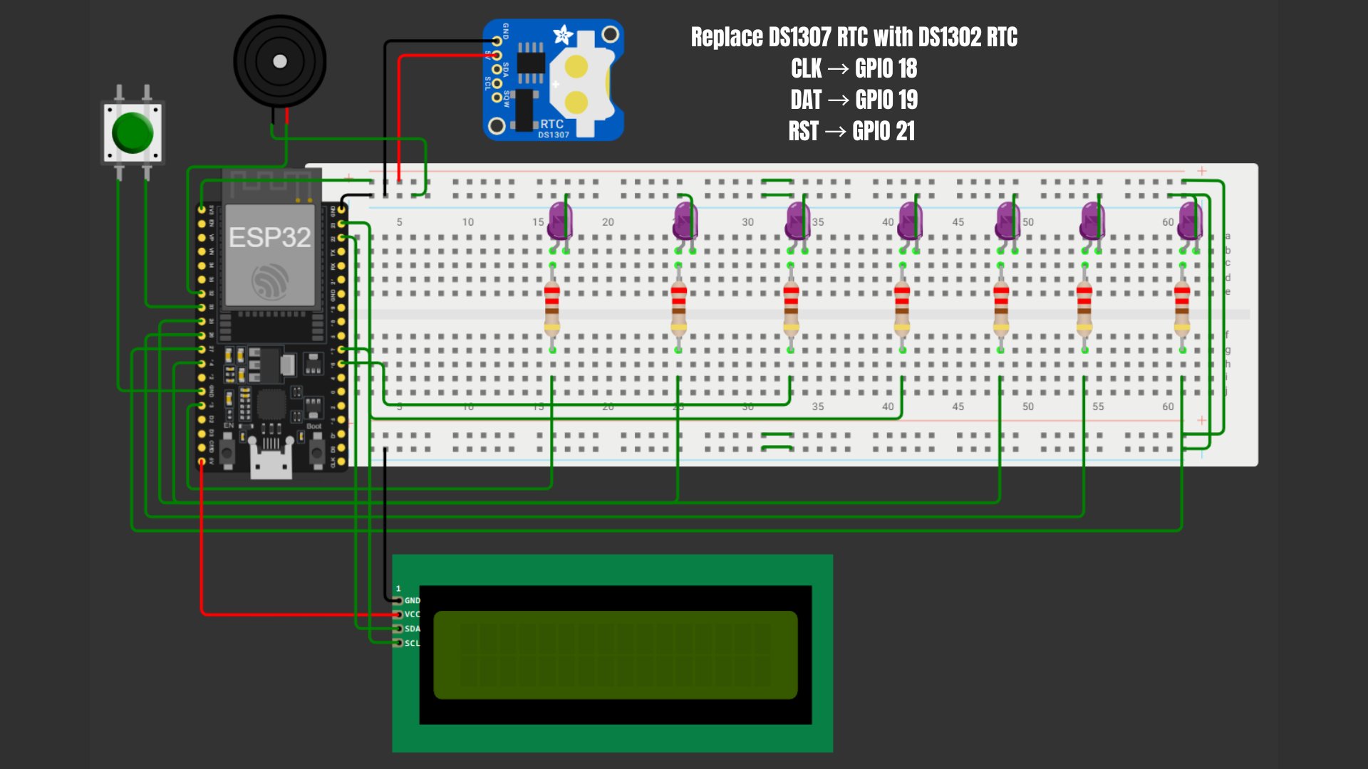 System wiring diagram for the ESP32, seven LEDs, LCD, buzzer, button, and real-time clock