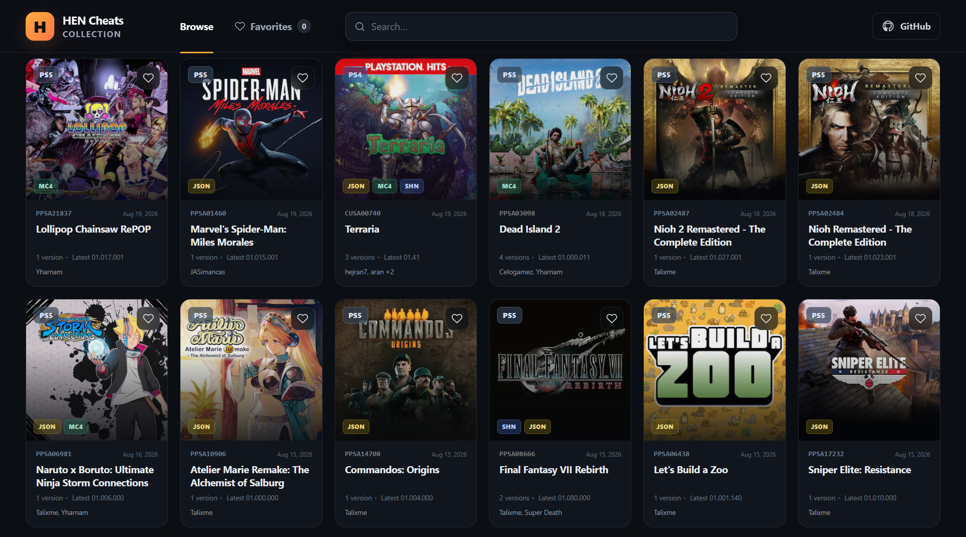HEN Cheats Collection website preview