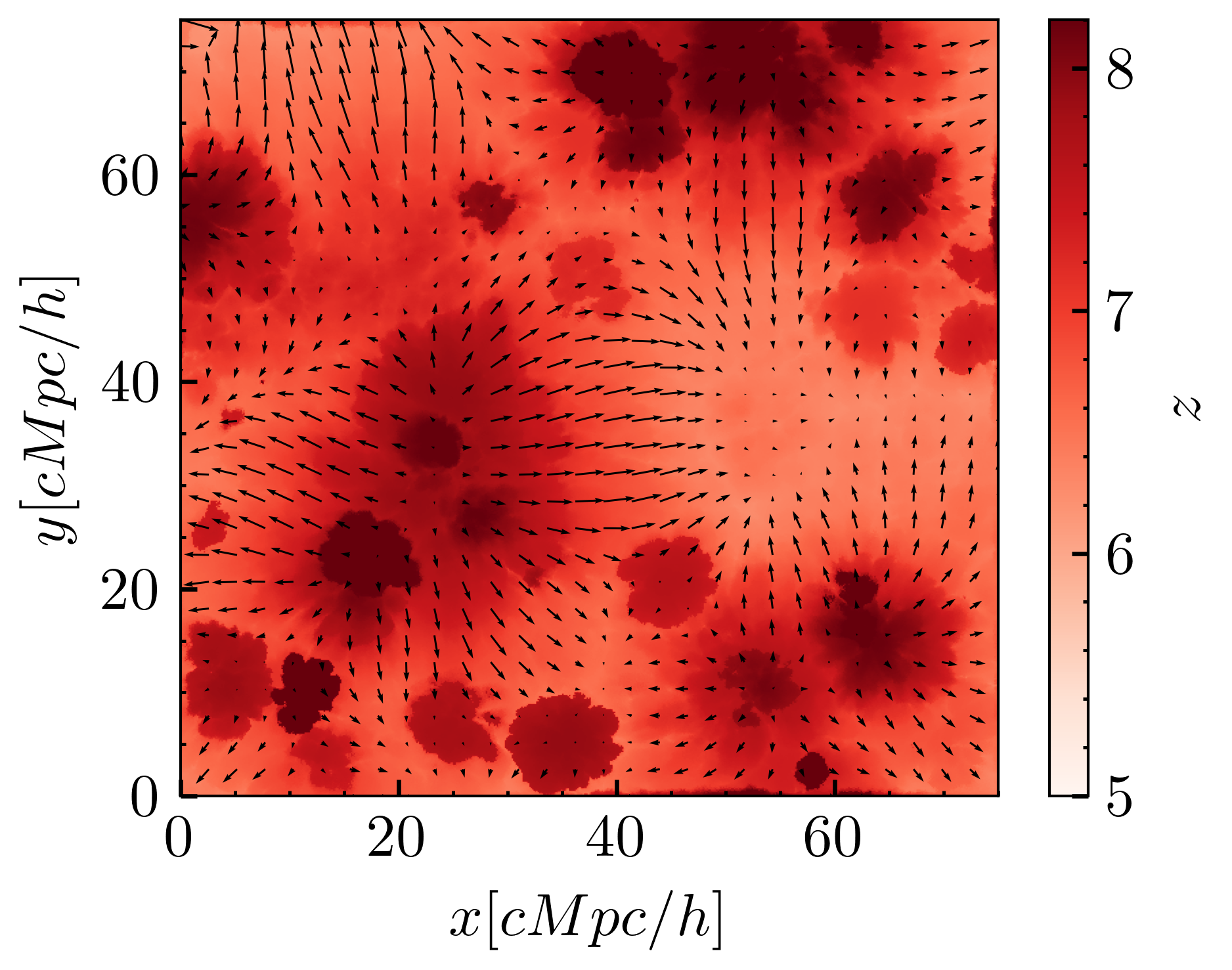 The ionization redshift in a slice through a cosmological simulation volume