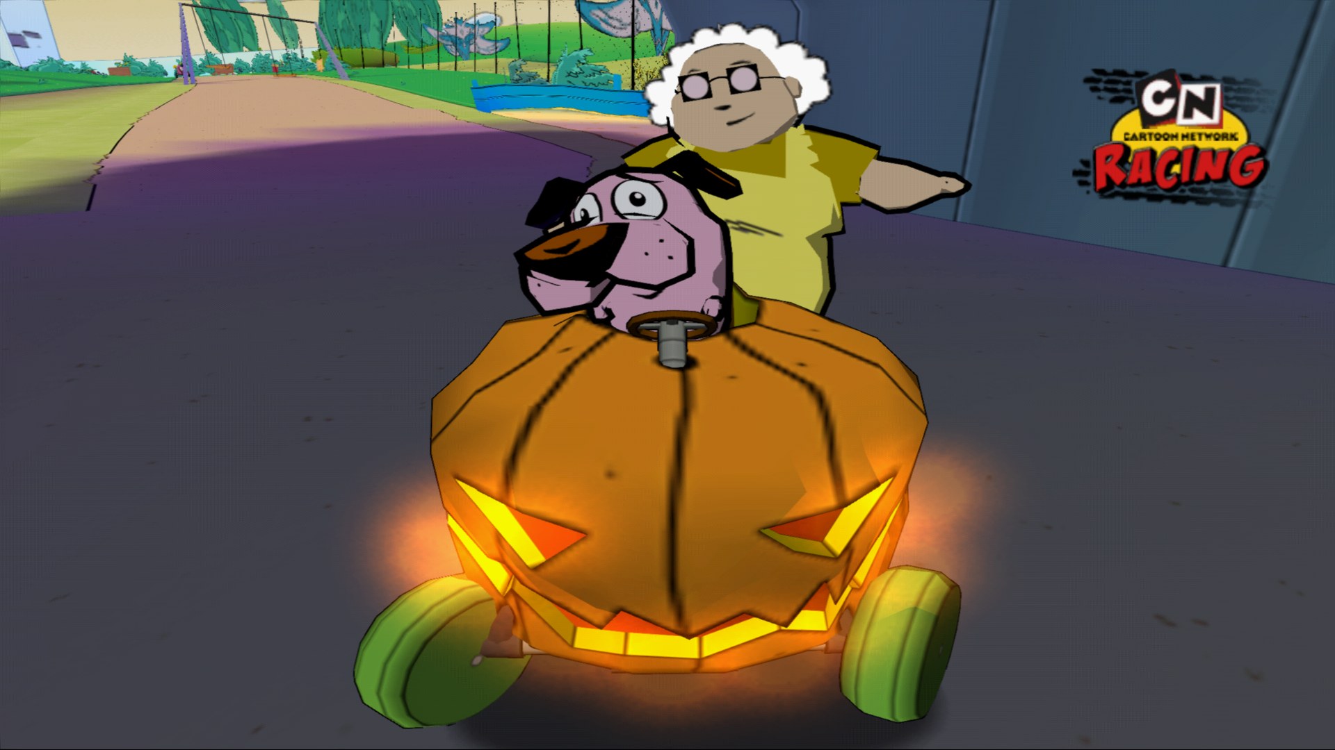 Courage and Muriel in their pumpkin kart