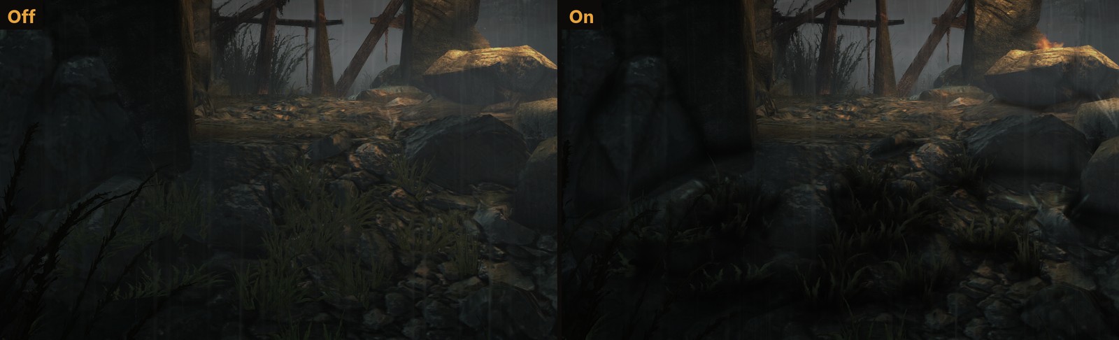 Close-up of the rocks and grass with ambient occlusion off and on