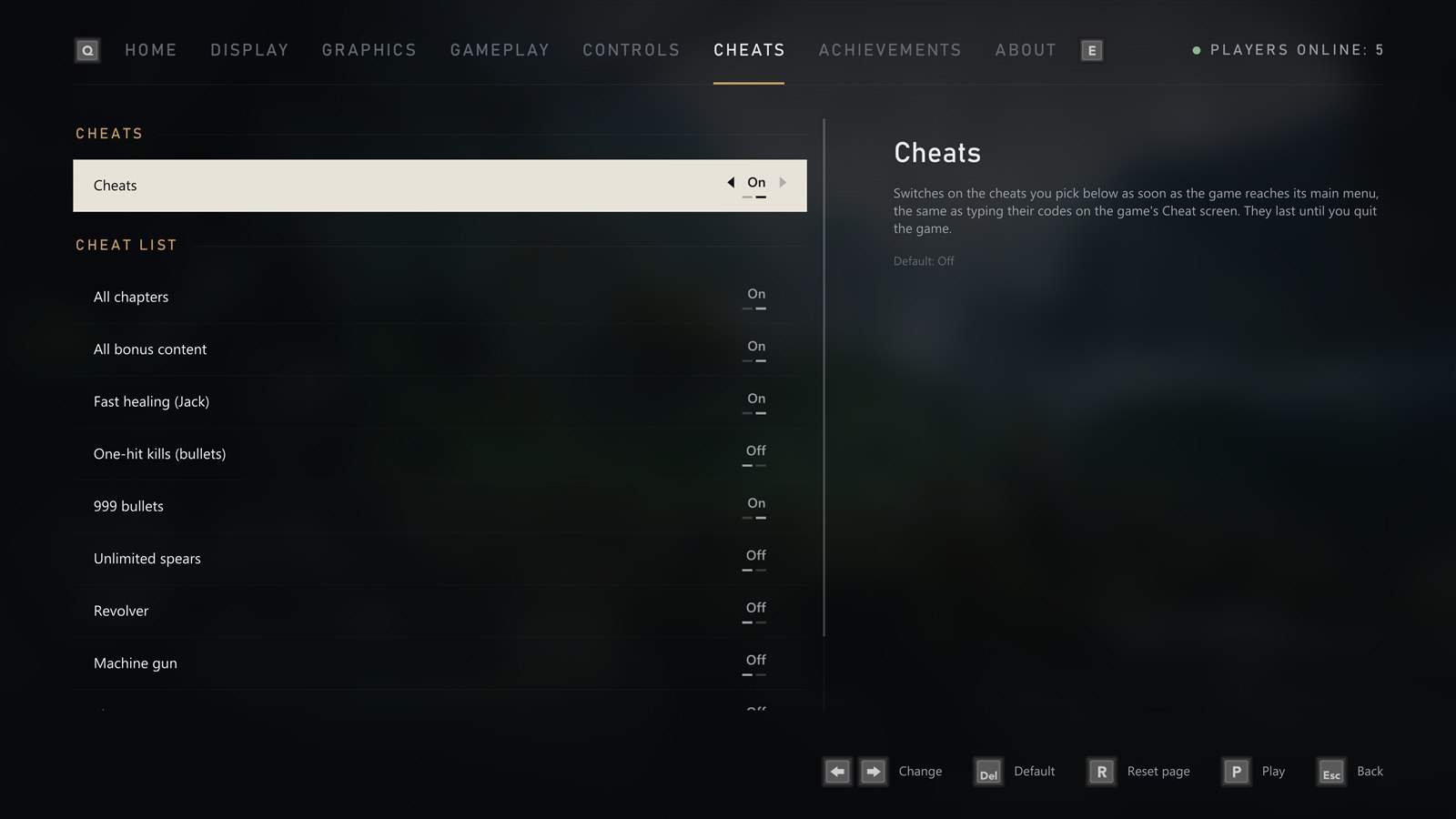 The Cheats page
