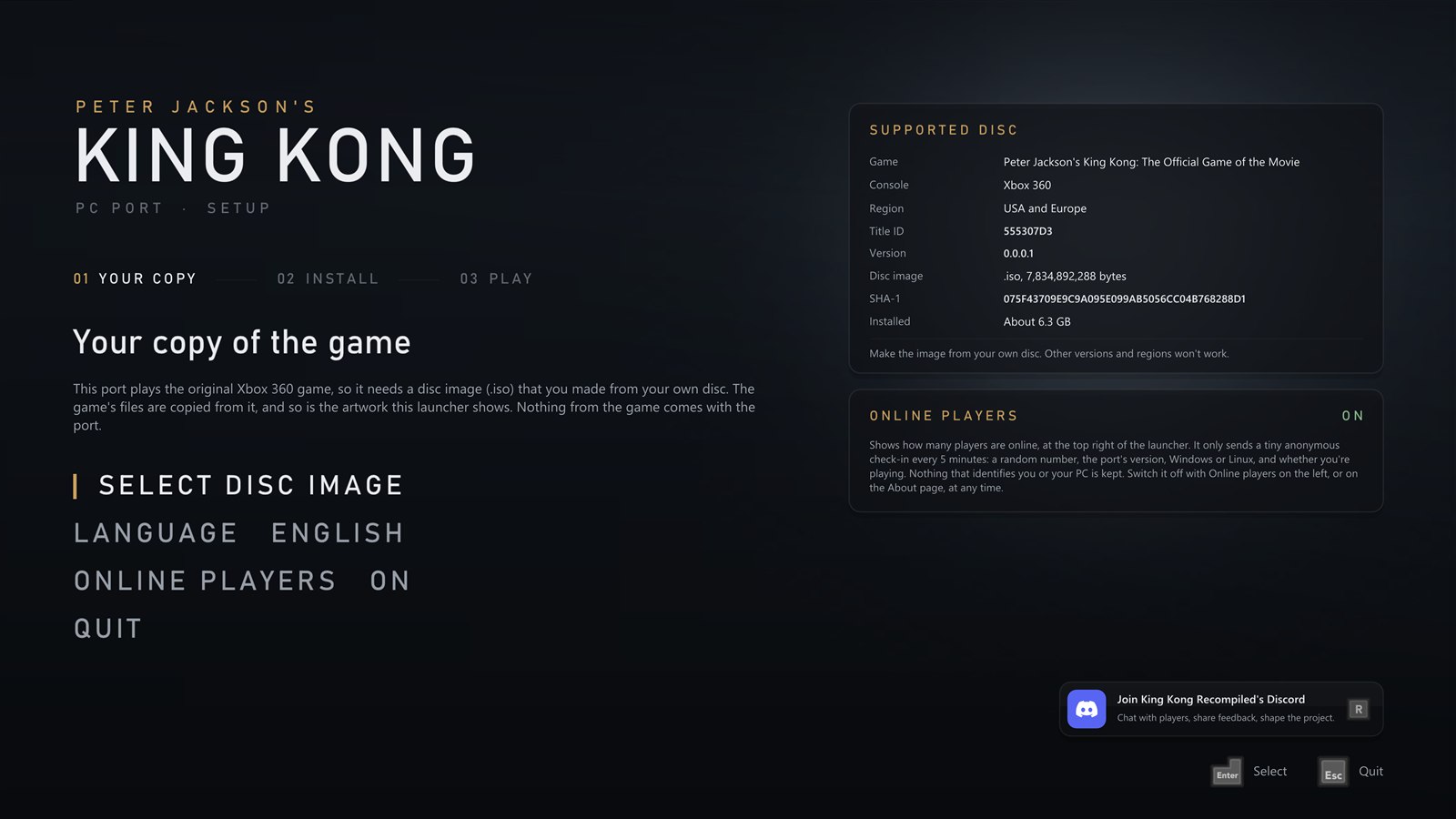 The setup screen