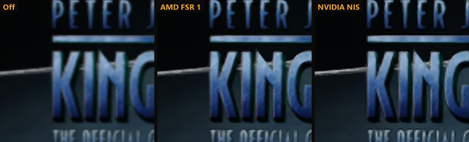 The title screen logo with no upscaler, AMD FSR 1 and NVIDIA NIS