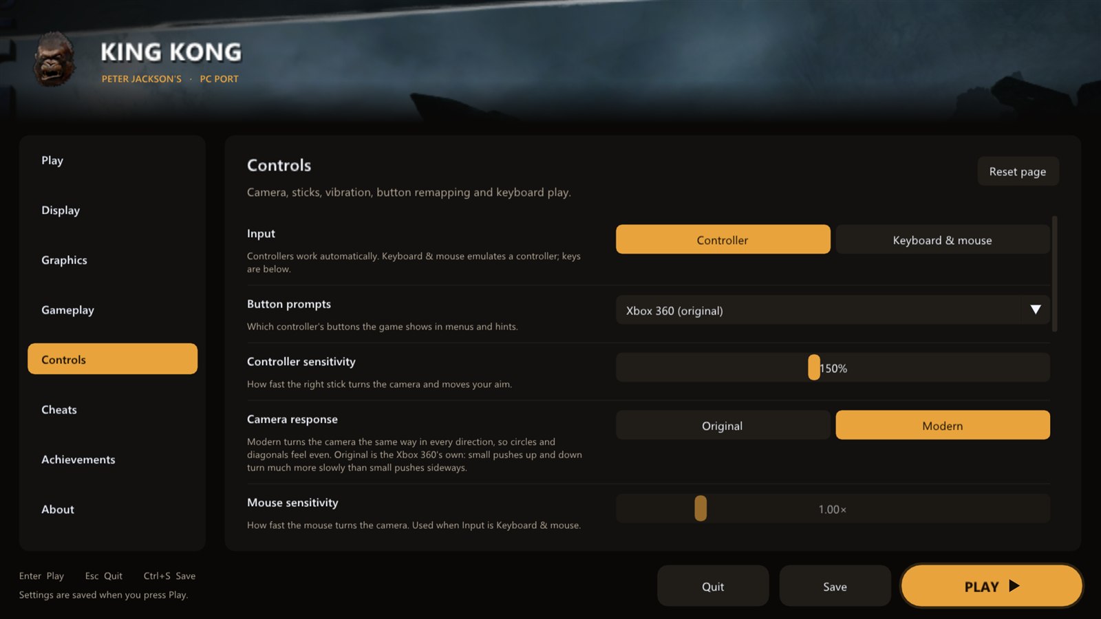 Controls page