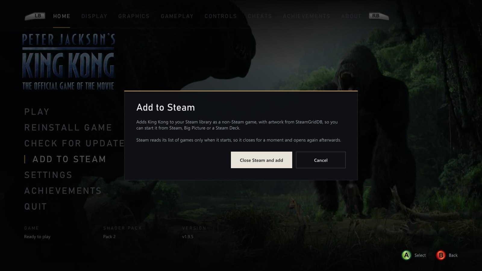 Opção Add to Steam no launcher de King Kong Recompiled