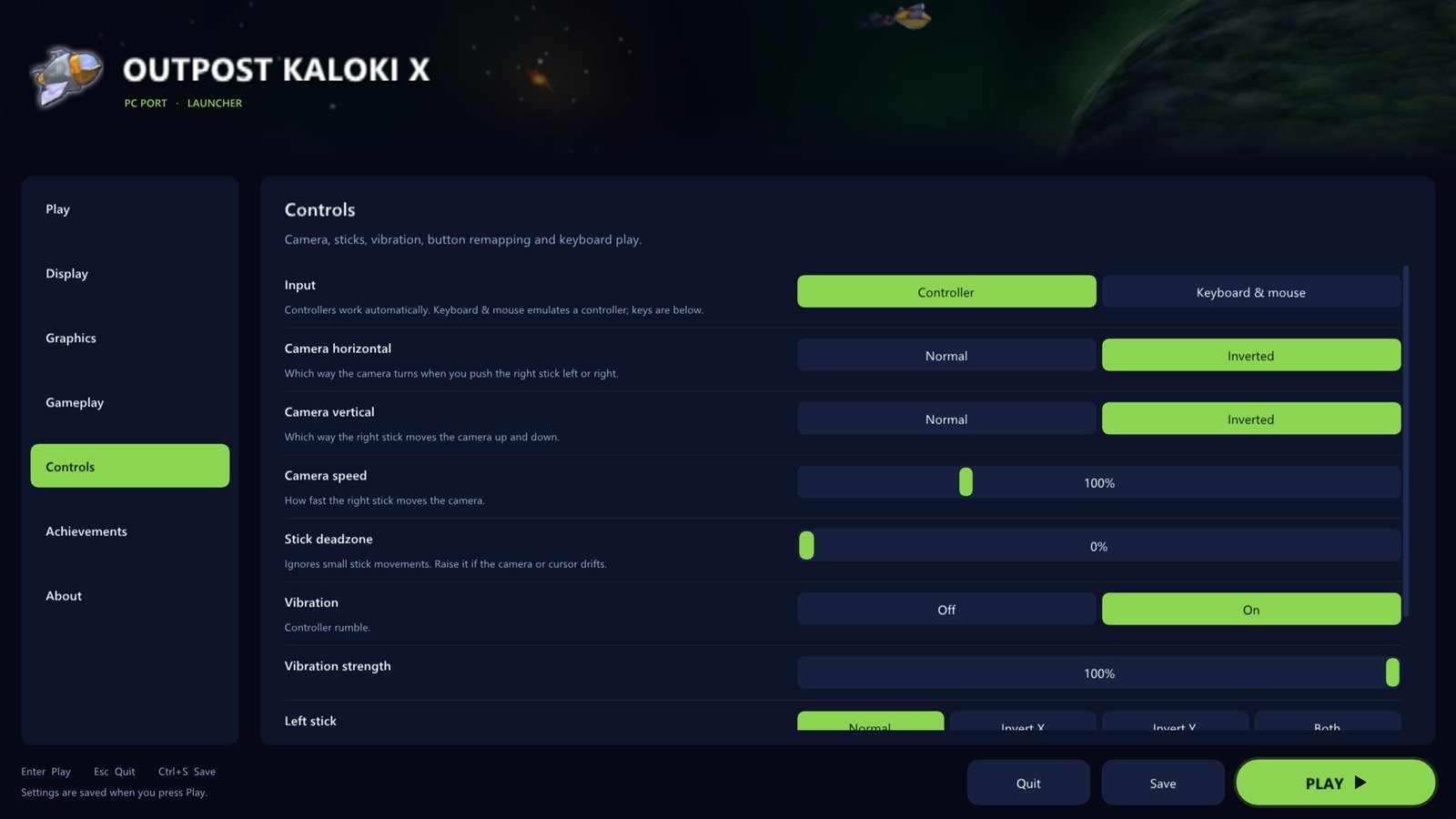 Controls page