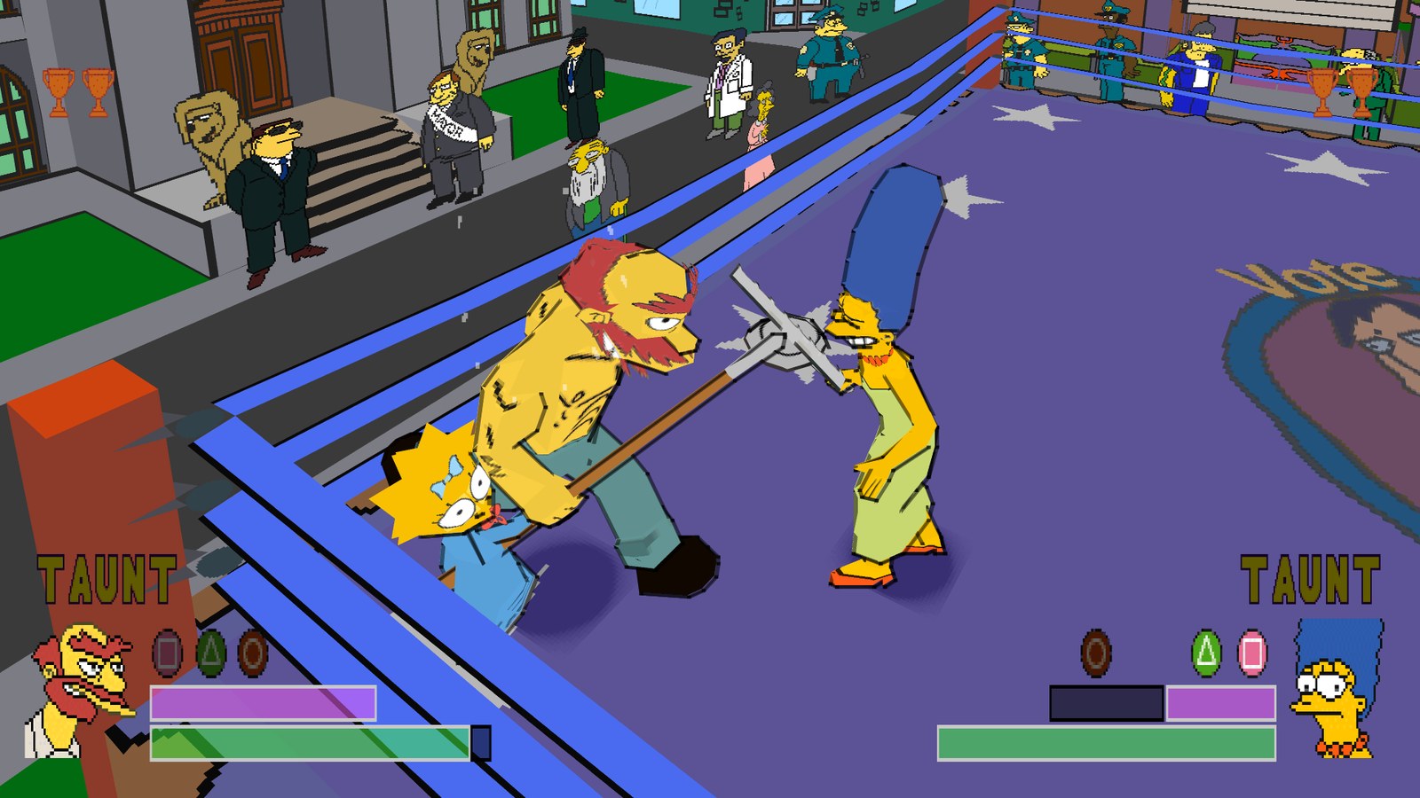Groundskeeper Willie against Marge in the town square, 16:9 at 4K
