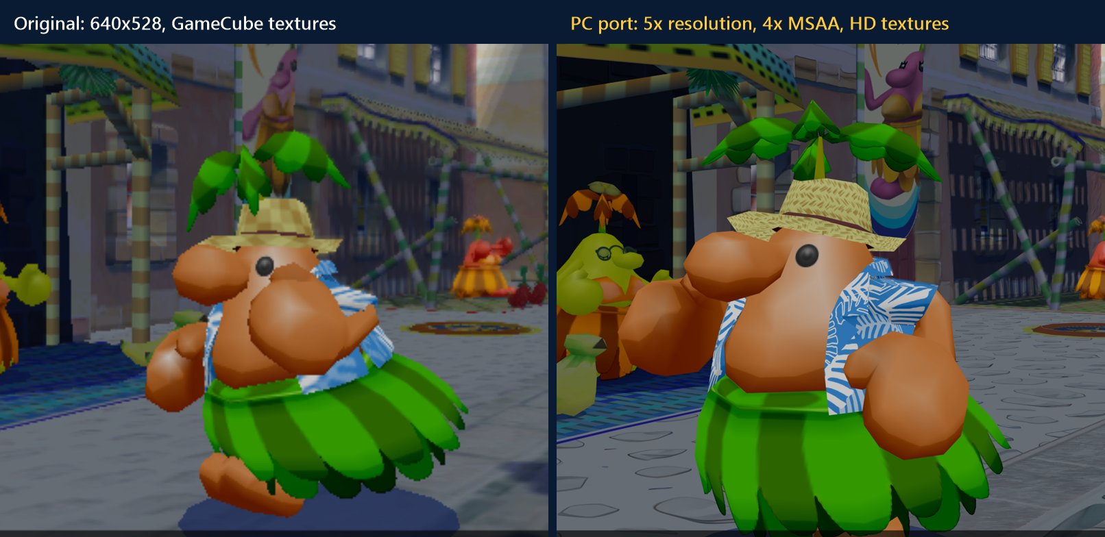 The original 640x528 picture beside the PC port at 5x resolution with 4x MSAA and HD textures