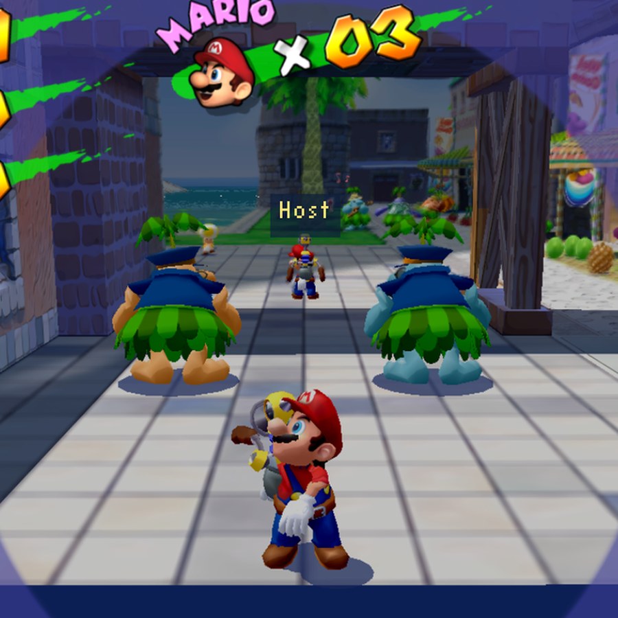 Another player's Mario, with a name tag, in Delfino Plaza