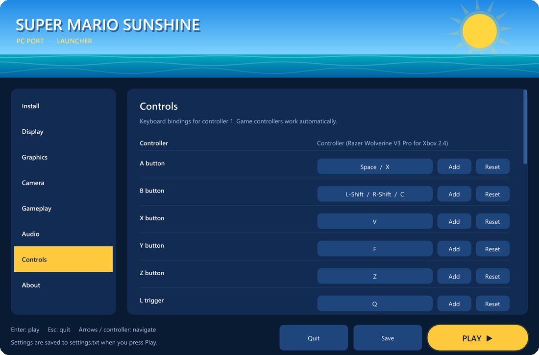 Controls page