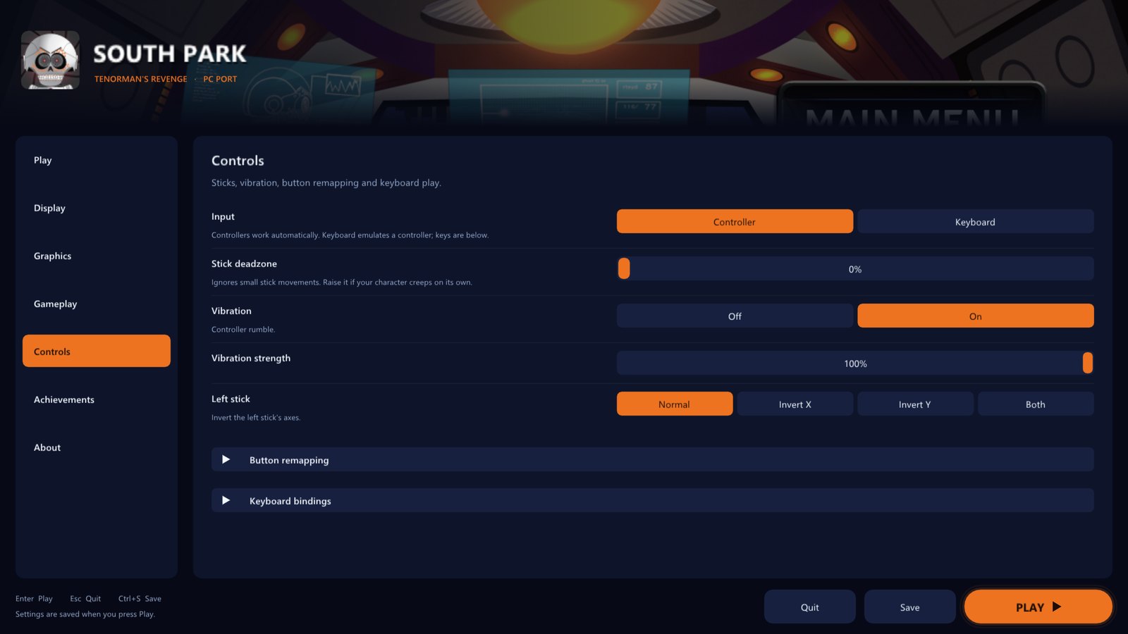 The Controls page