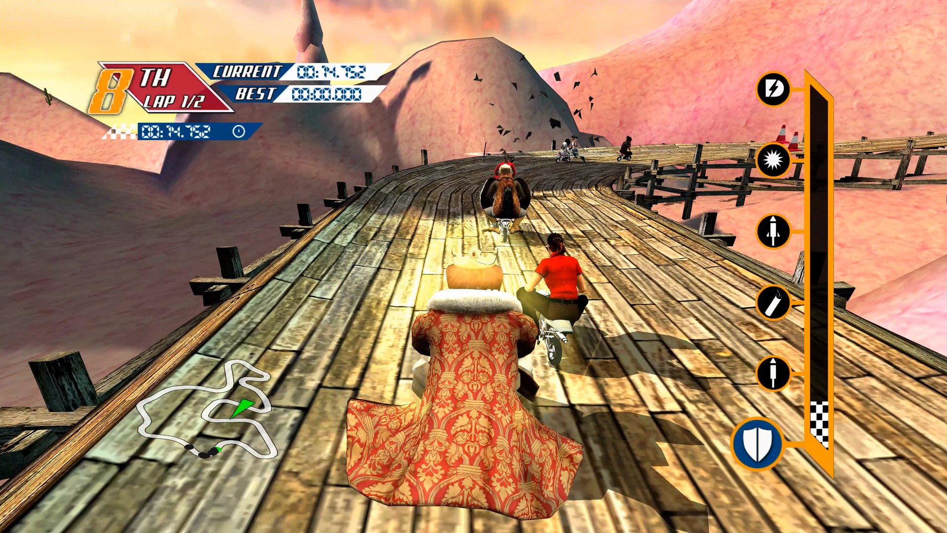 Racing over a wooden bridge