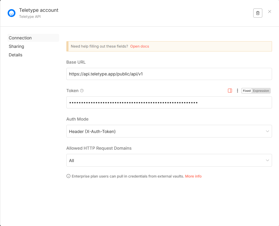 Создание Credentials Teletype