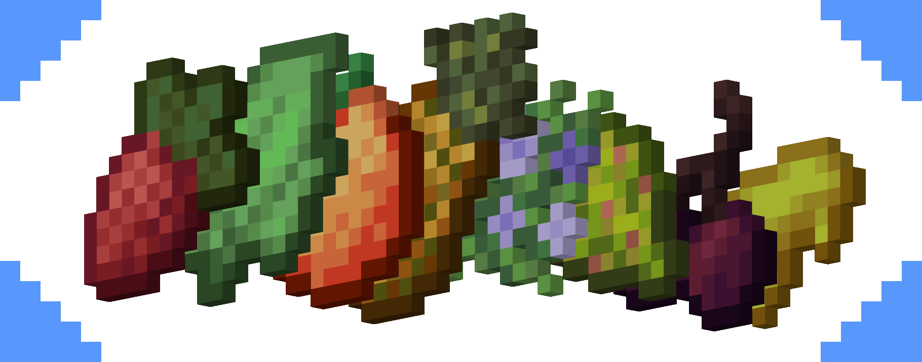 A header image of items from the dye mod lined up in a row. In order from left to right: Strawberry, Mint Sprig, Peach, Pineapple, Periwinkle Flowers, Artichoke, Cherries, and Waxcap Wax