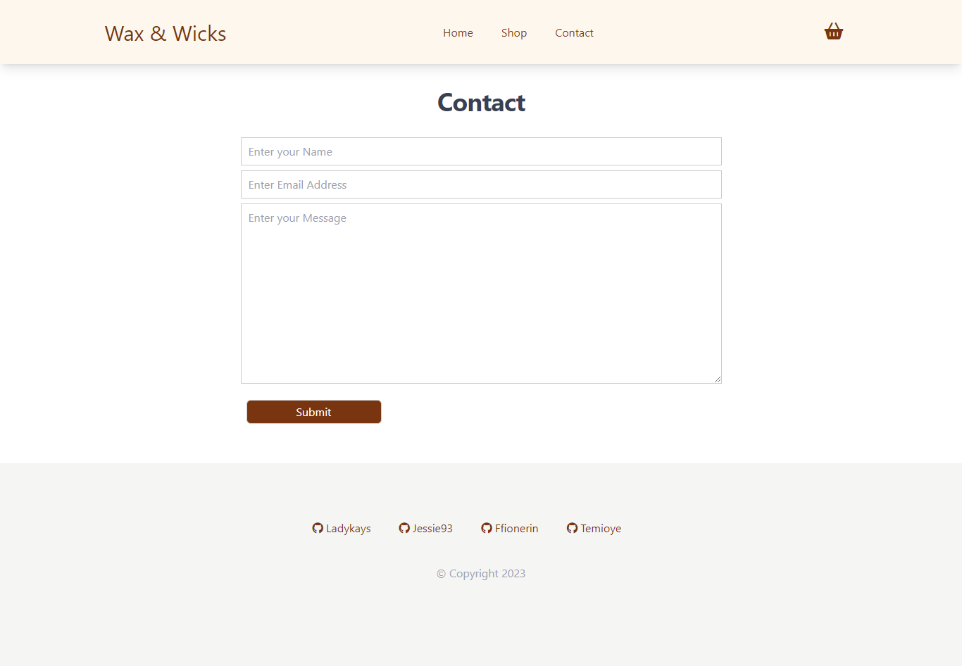 Screenshot of contact page