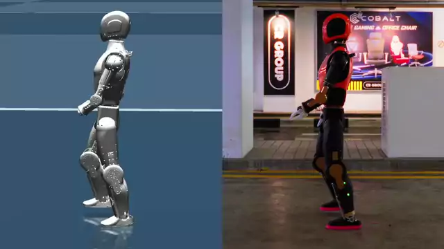 Asimov 1 walking in simulation (left) and on the real robot (right)