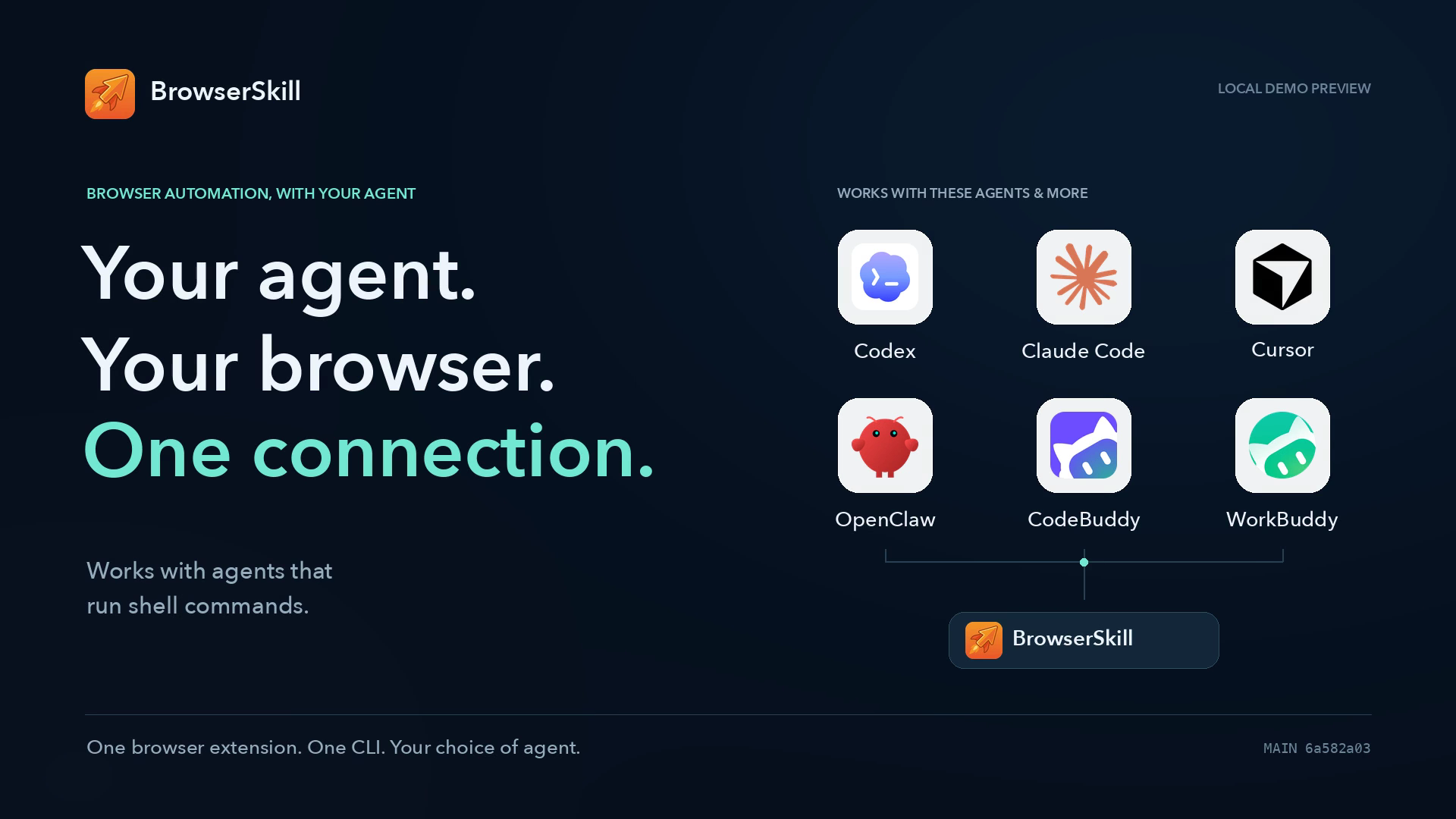 BrowserSkill demo preview — Your agent. Your browser. One connection.