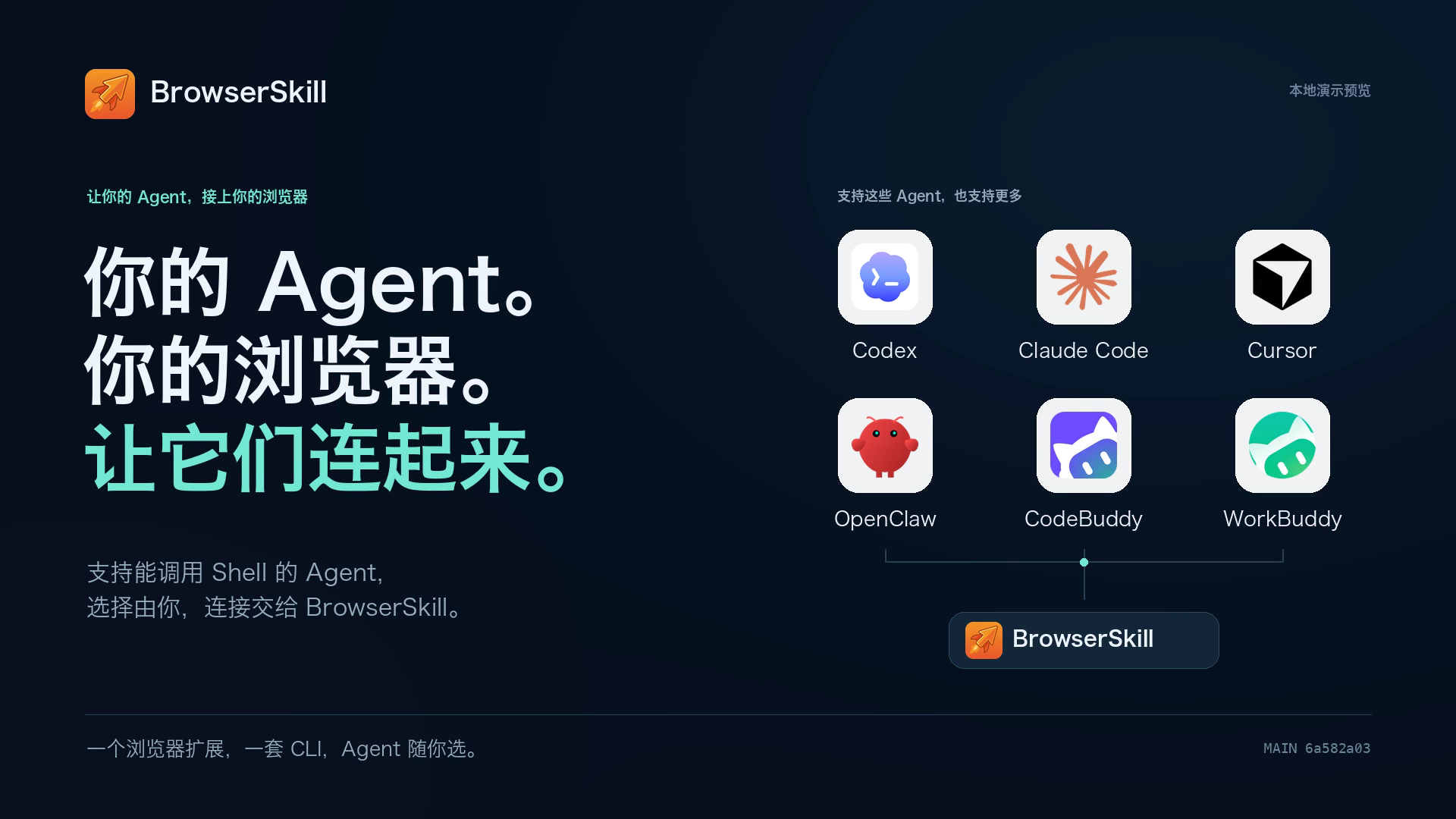 BrowserSkill 演示预览 — 你的 Agent，你的浏览器，一次连接。