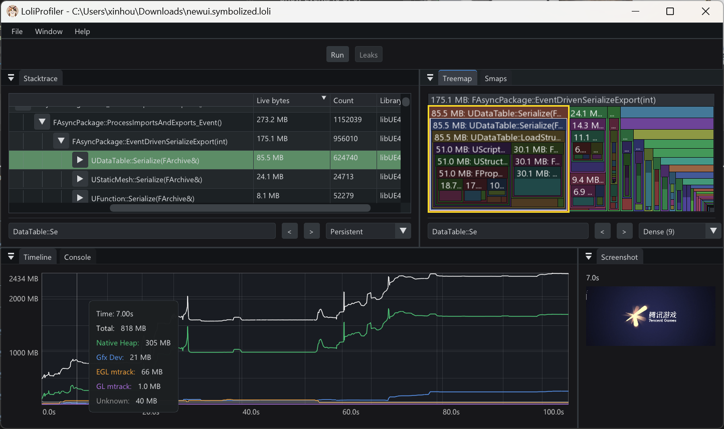 LoliProfiler showing a captured Android session with stacktrace, treemap, timeline, and screenshot
