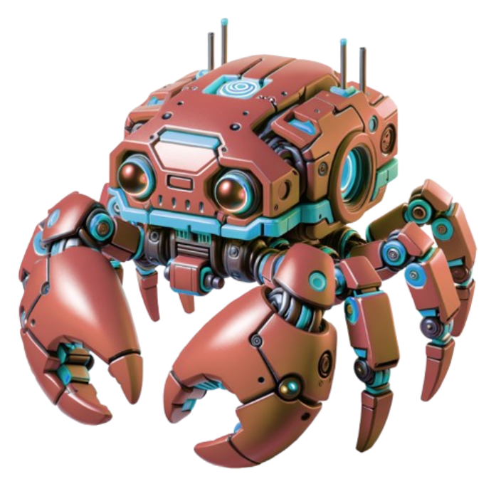 A rendered robot crab with copper-red armor plates and cyan joints on a transparent background, one of the official Pixal3D reference samples
