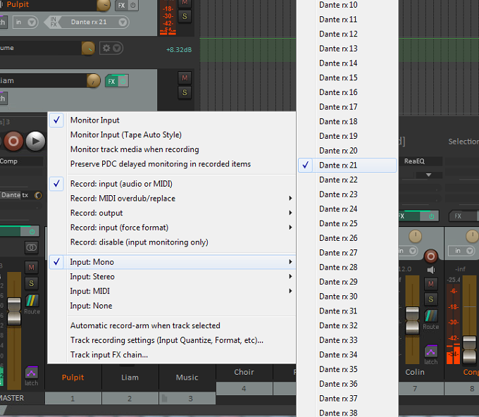 Select input channel in Reaper