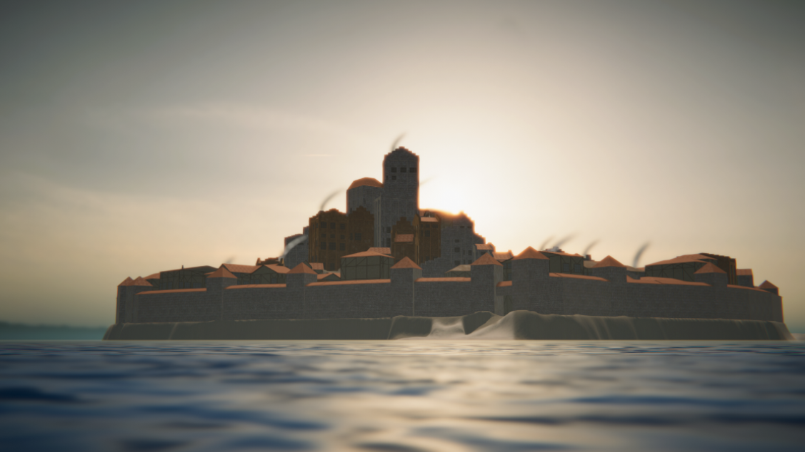 Side view of a procedurally generated city on top of an island