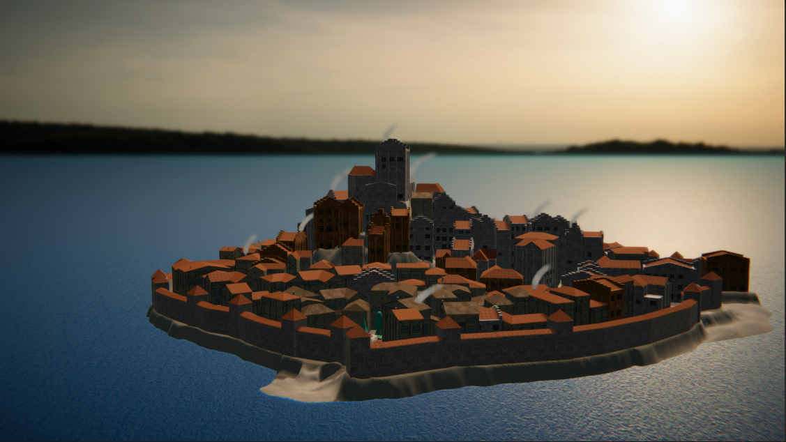 Top view of a procedurally generated city on top of an island