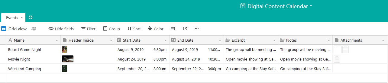 "Airtable with columns for Name, Header Image, Start Date, End Date, Excerpt, Notes, and Attachments."