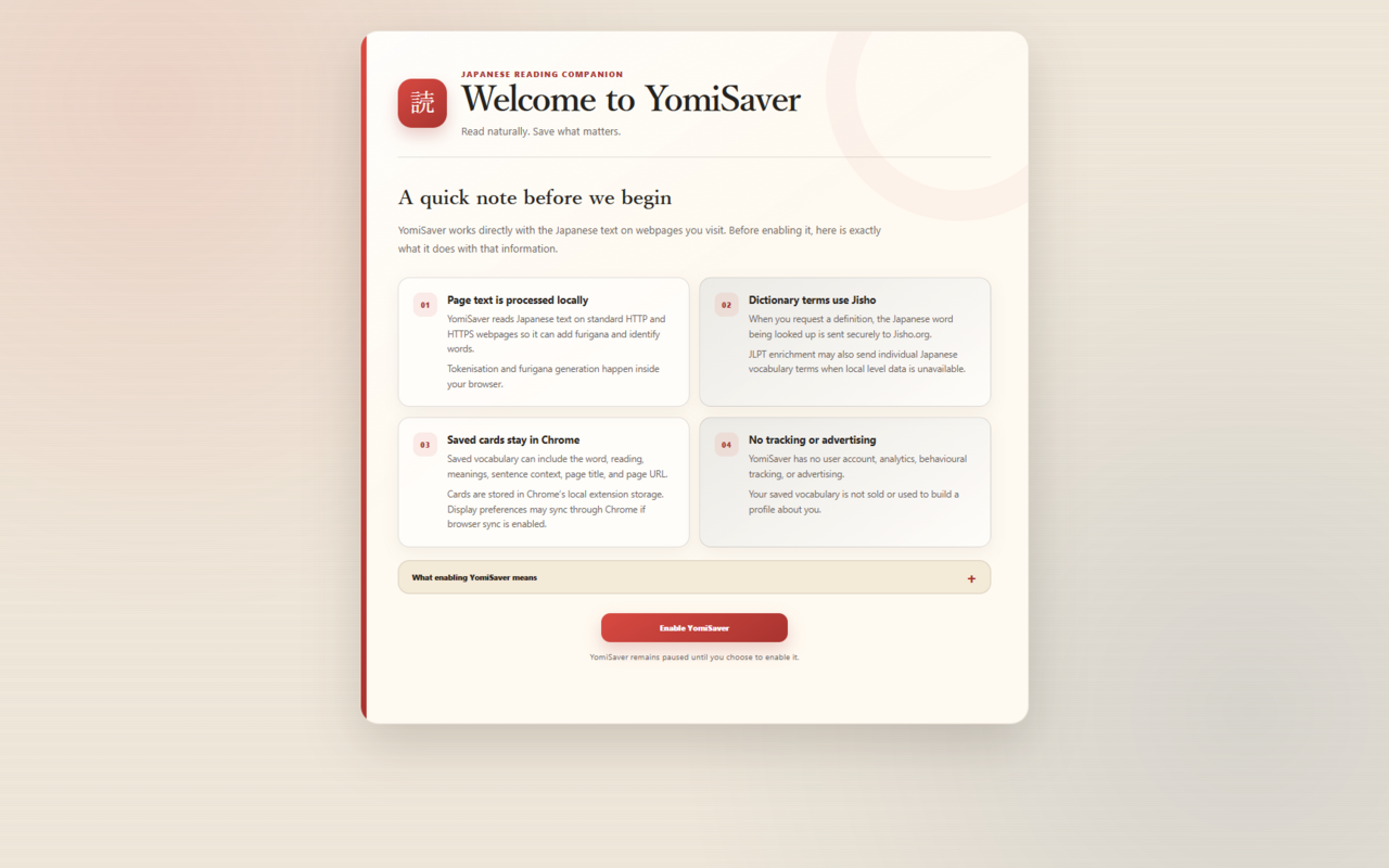 YomiSaver privacy onboarding
