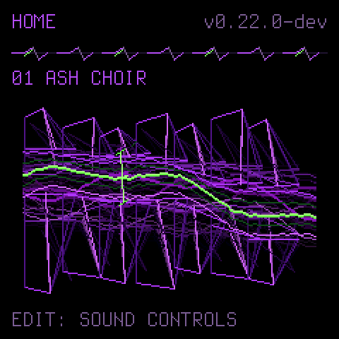 Host-rendered preview of the TERKINSTEIN Home screen showing the sound ASH CHOIR above a purple and green animated waveform