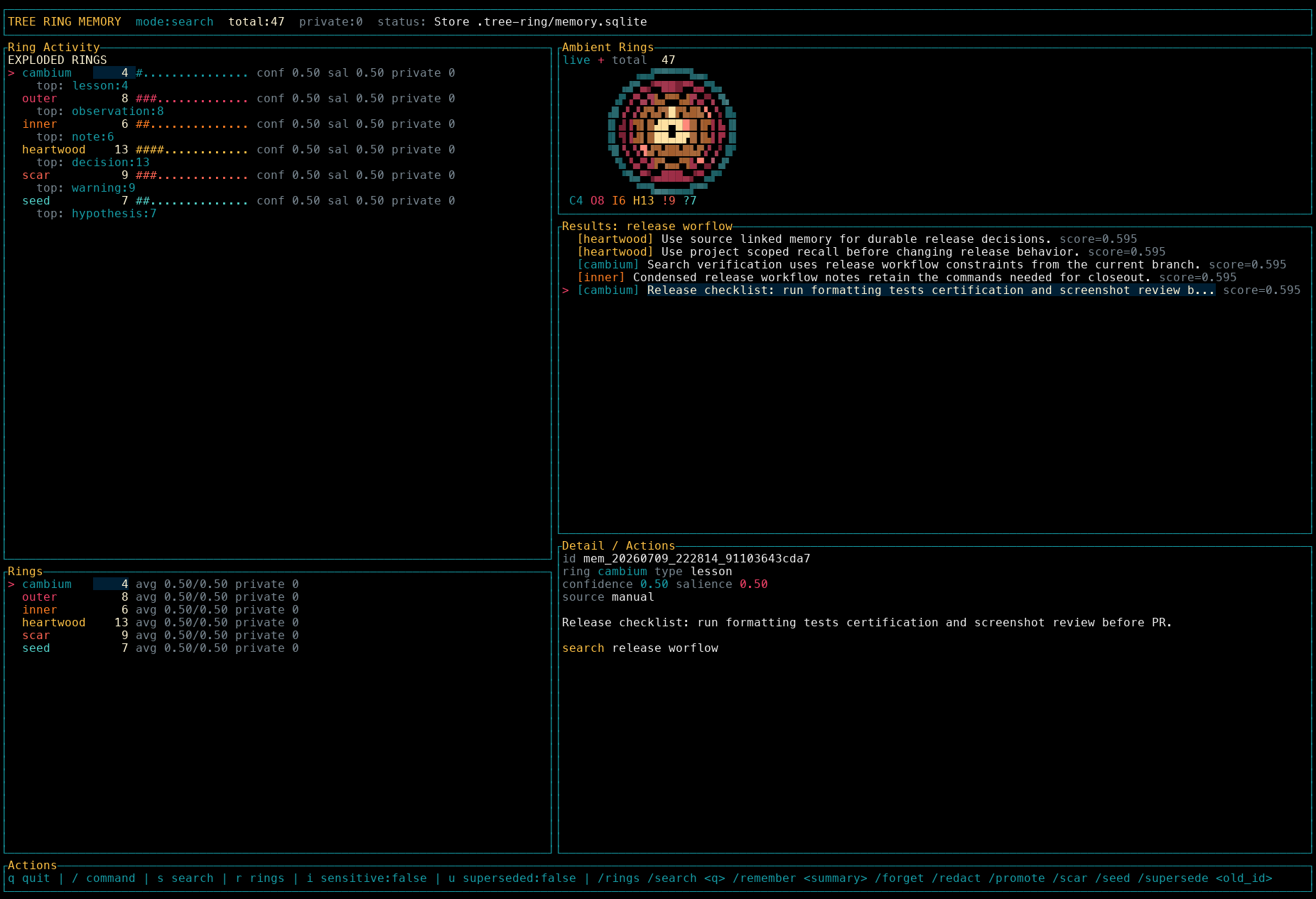 Tree Ring TUI search mode showing ranked recall results from a populated store