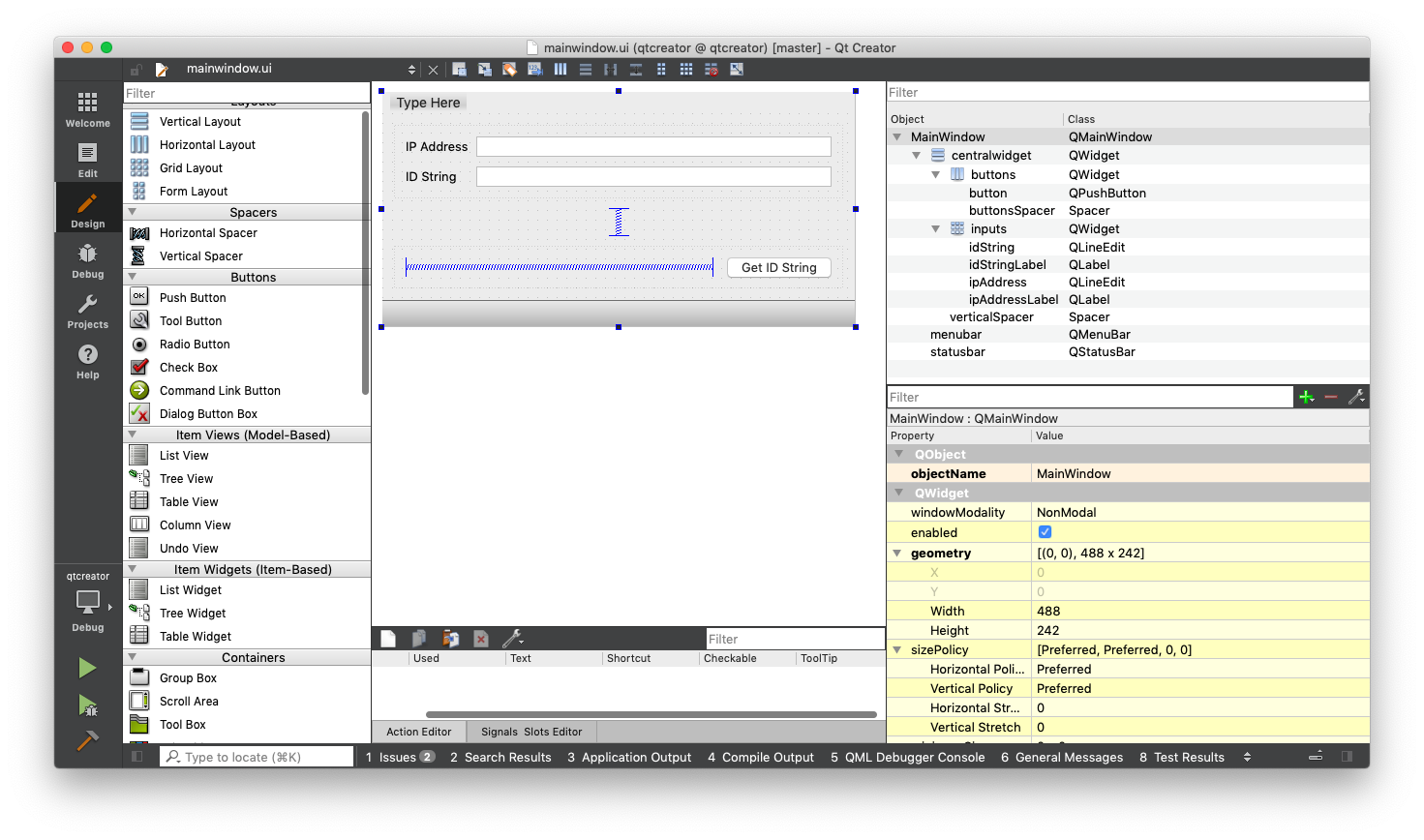 The main window open for editing in Qt Creator