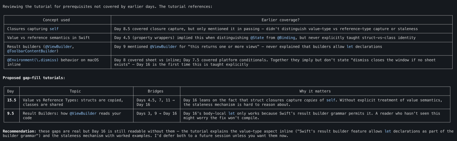 tutorial-creator gap analysis showing prerequisite mapping and proposed bridge tutorials