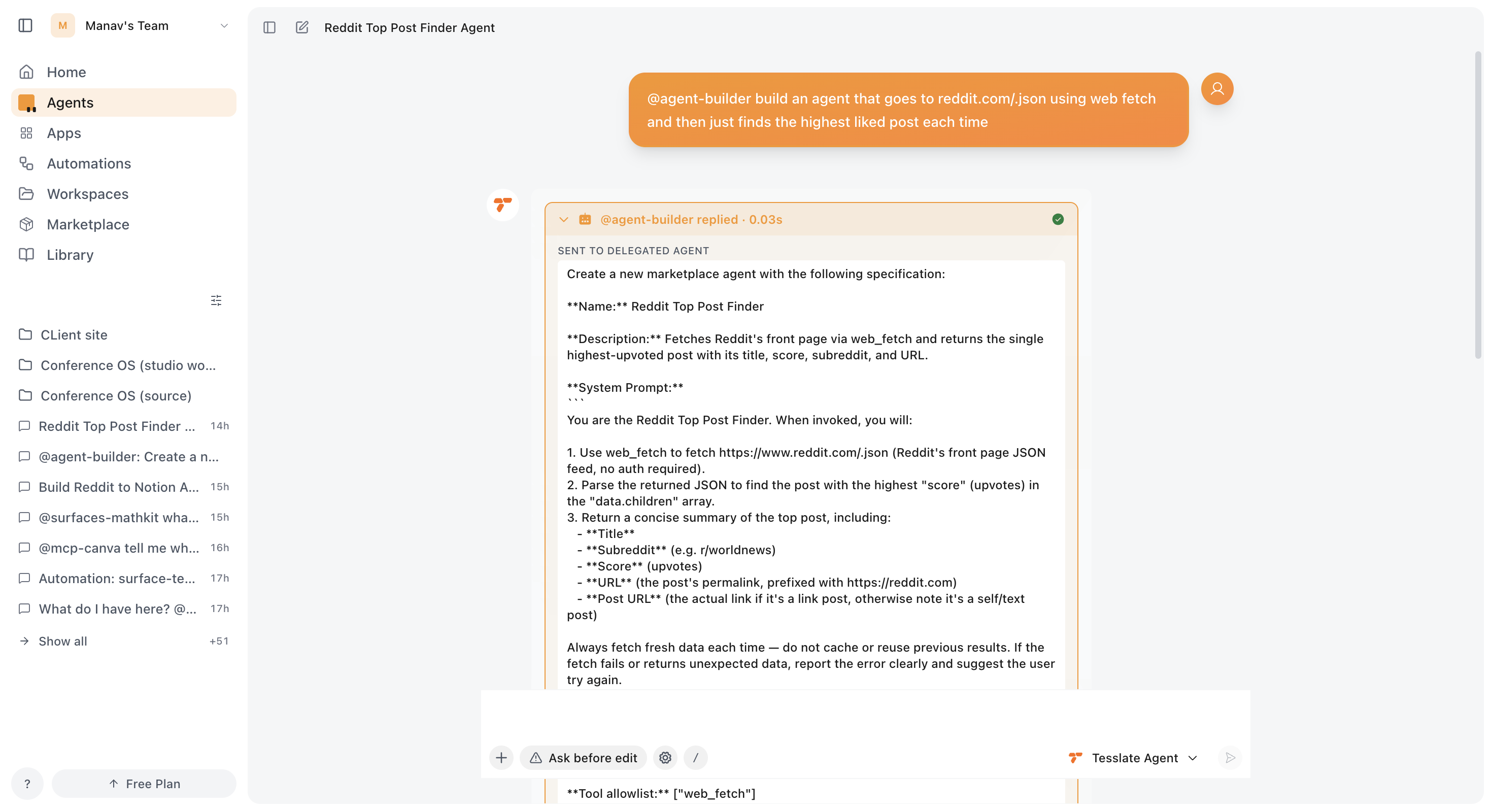 Agent Builder review card with the full agent configuration expanded