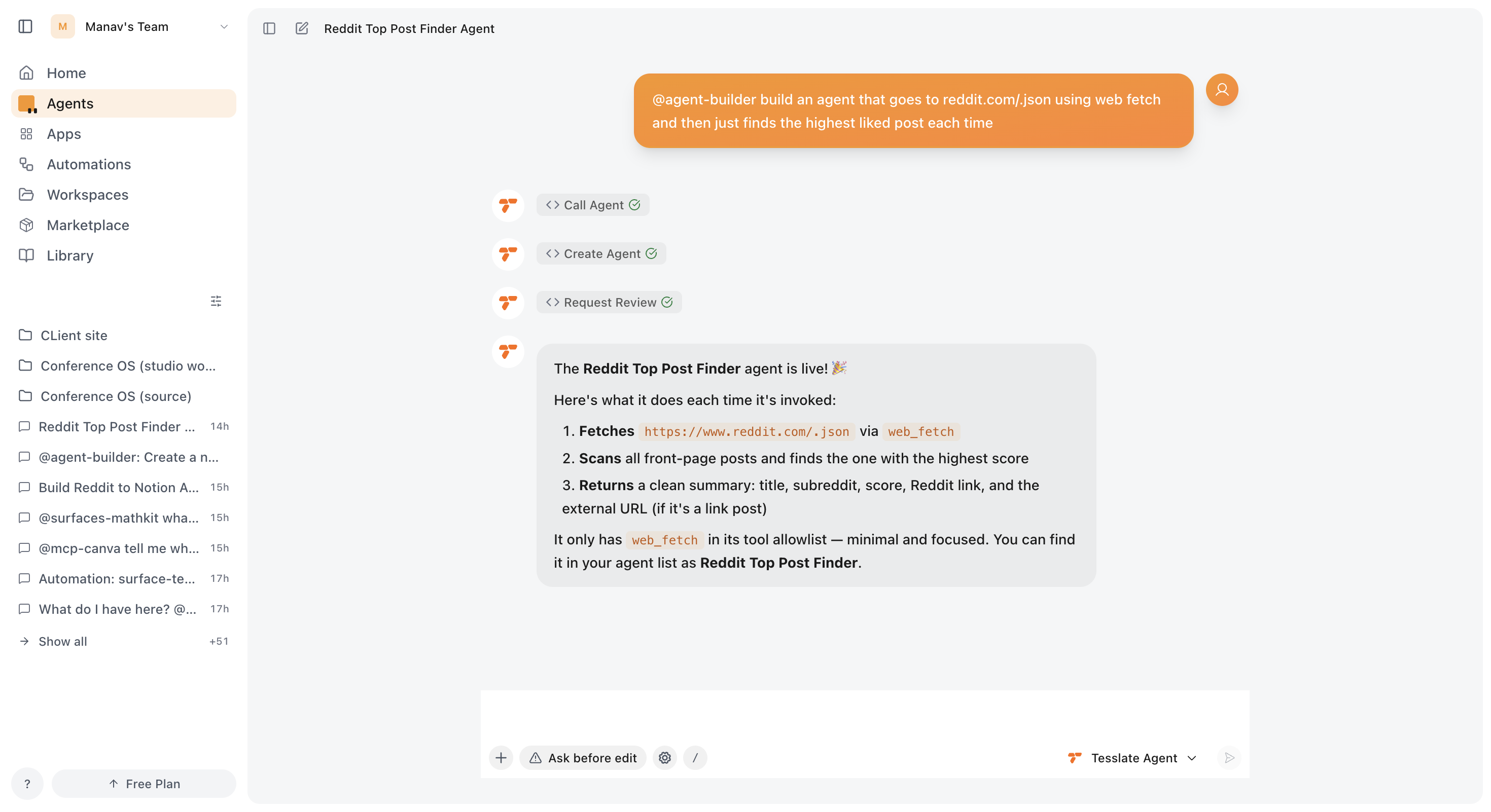 Agent Builder authoring a new agent from chat
