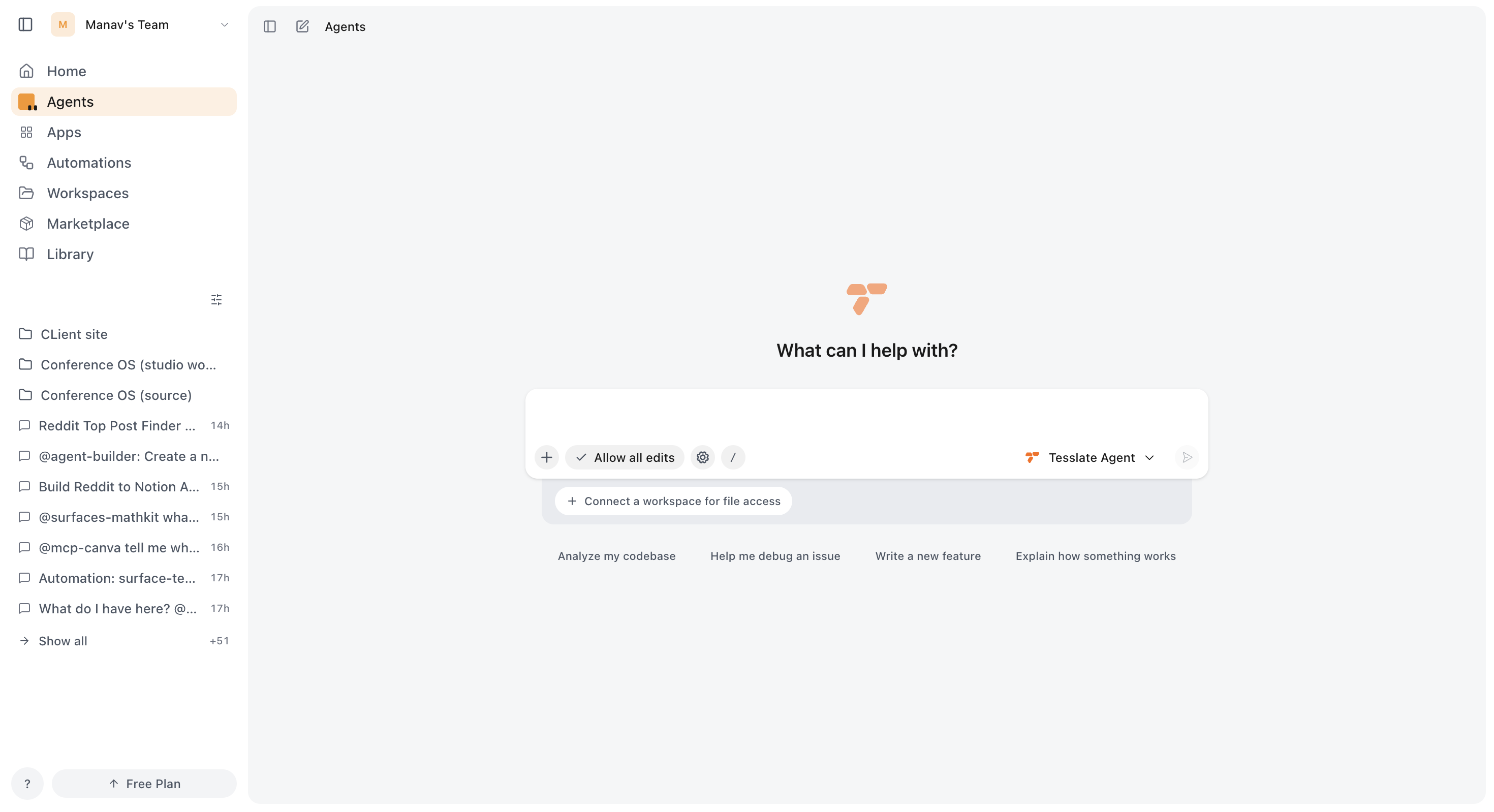 Agent chat alongside the editor and live preview