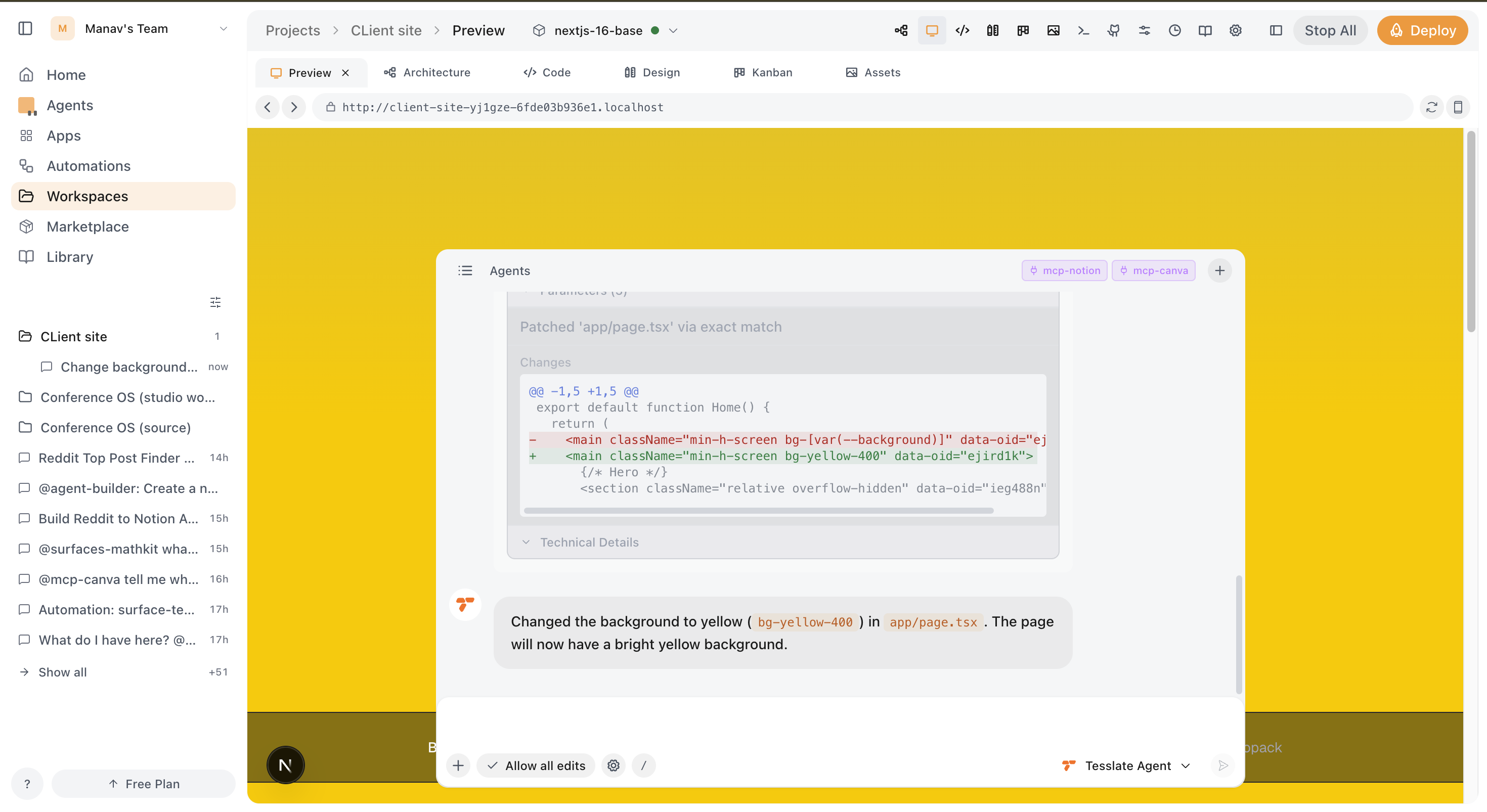 An agent building an app, with reviewable code diffs
