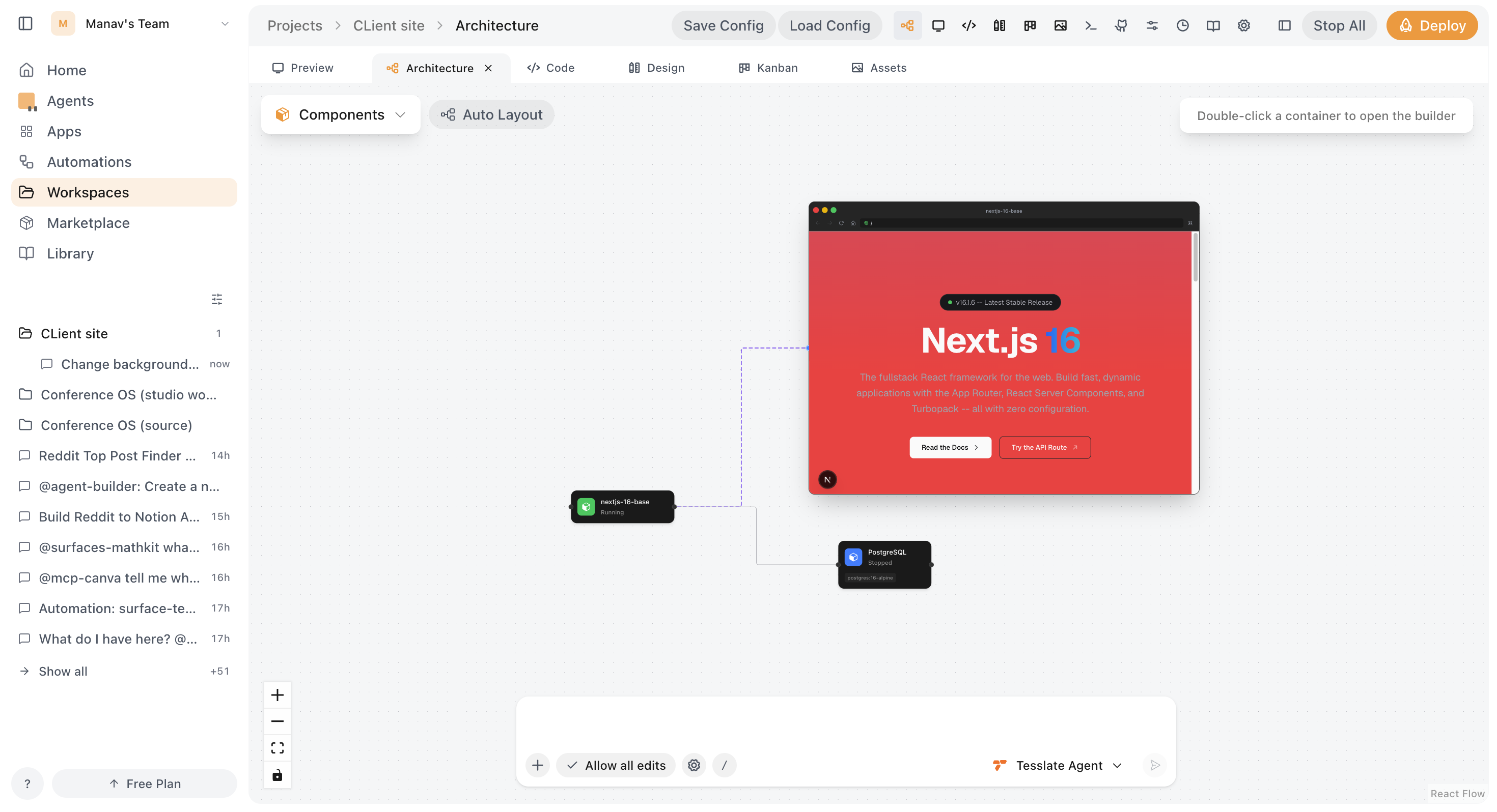 Architecture panel — view your entire project topology on one canvas