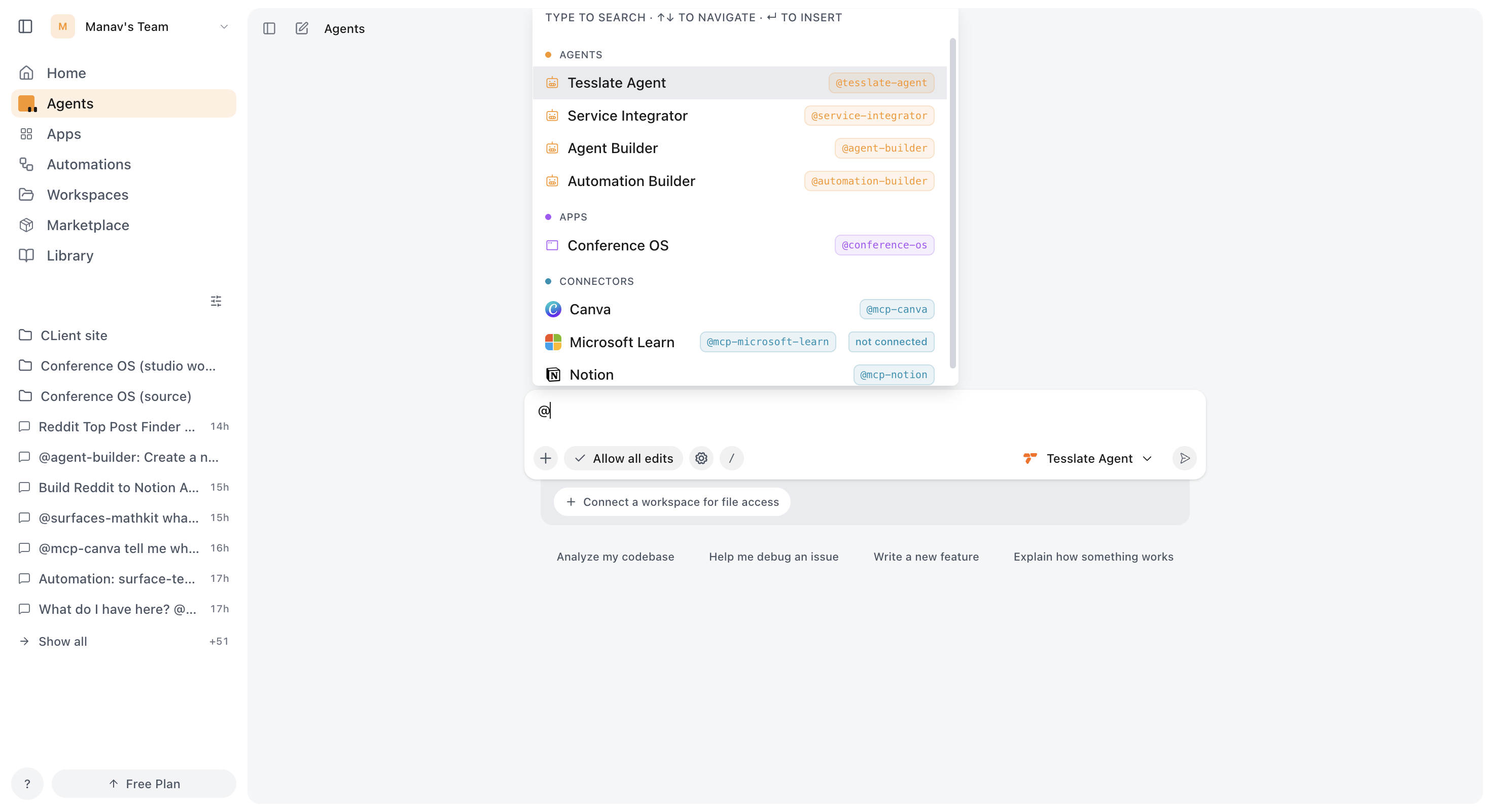 @-mention any tool, MCP, app, or agent on your platform from chat