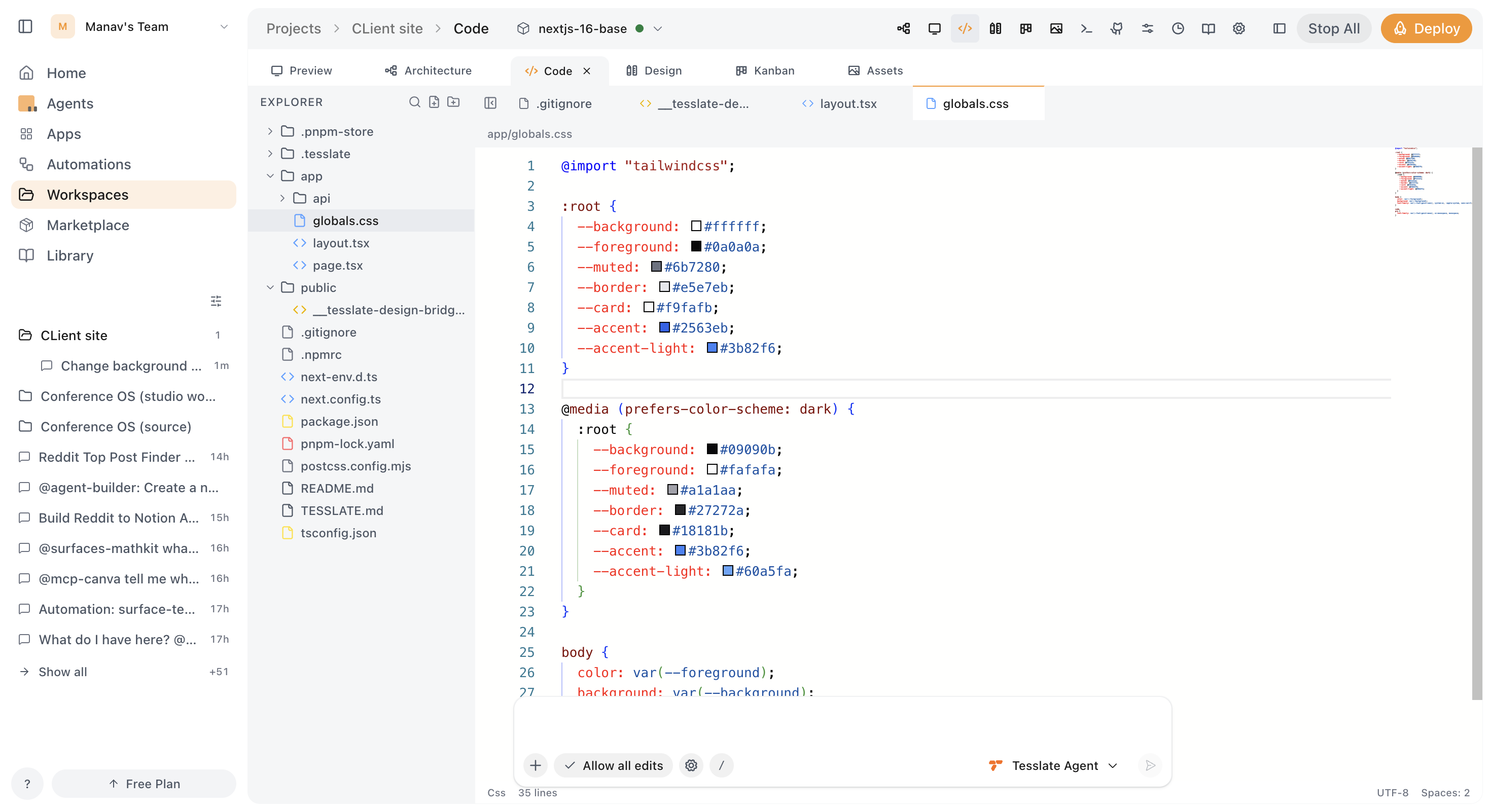 Code editor with file tree, diff, and live preview