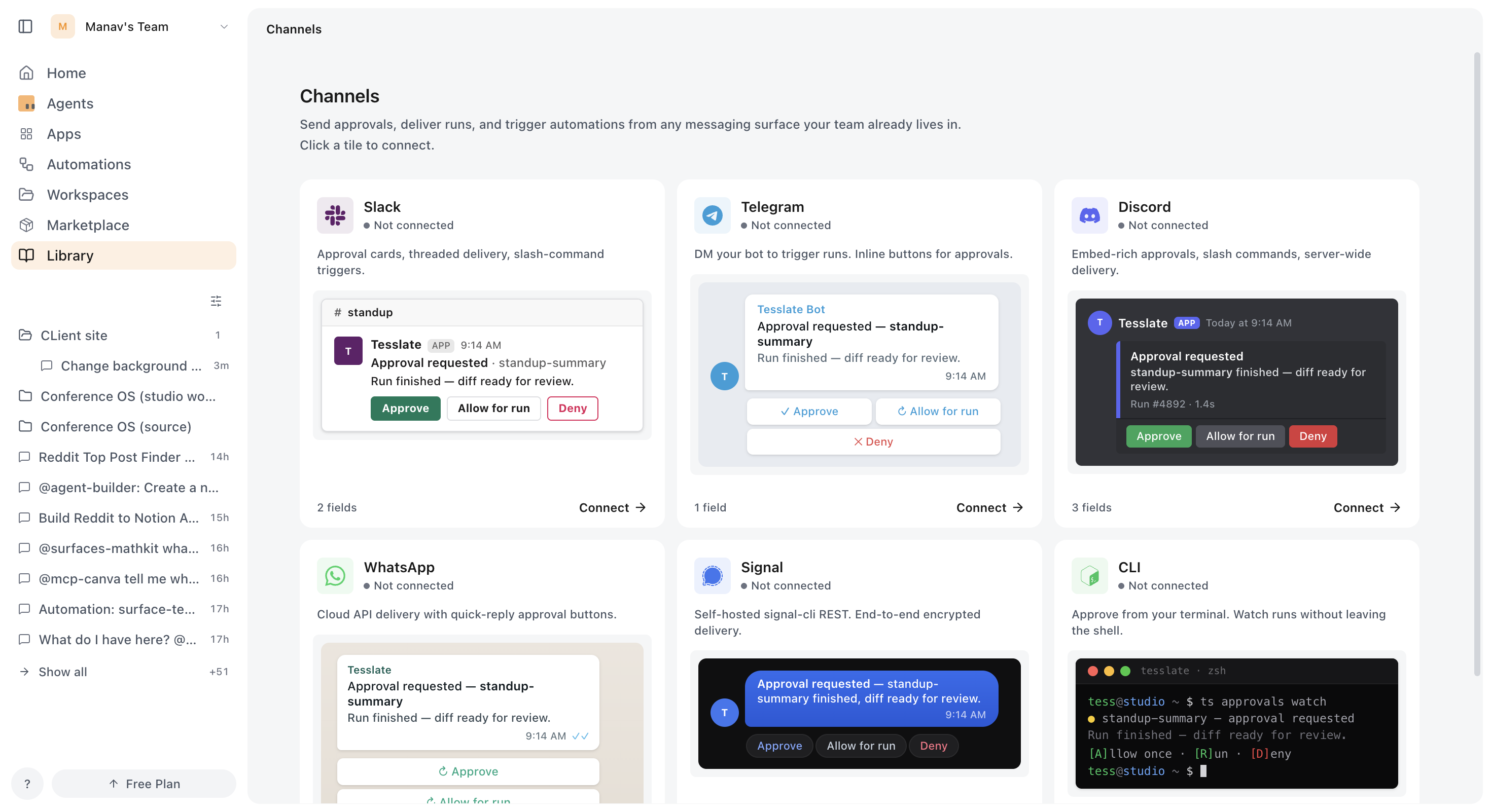 Deploy agents to Slack, Telegram, WhatsApp, Signal, Discord, and more