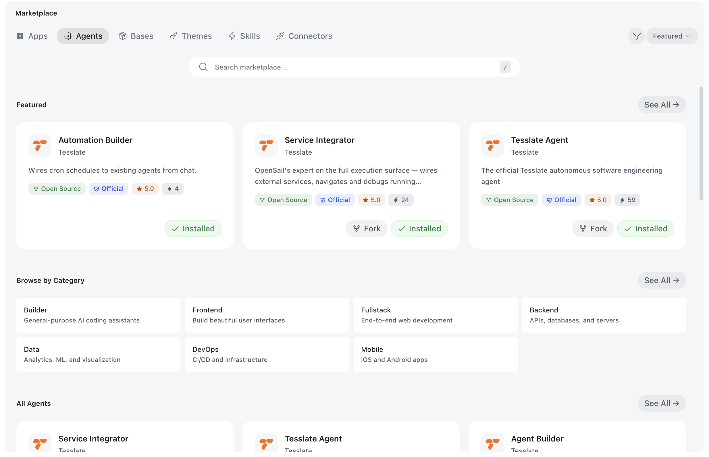 Browse the agents marketplace — install, fork, and customize what your team has built